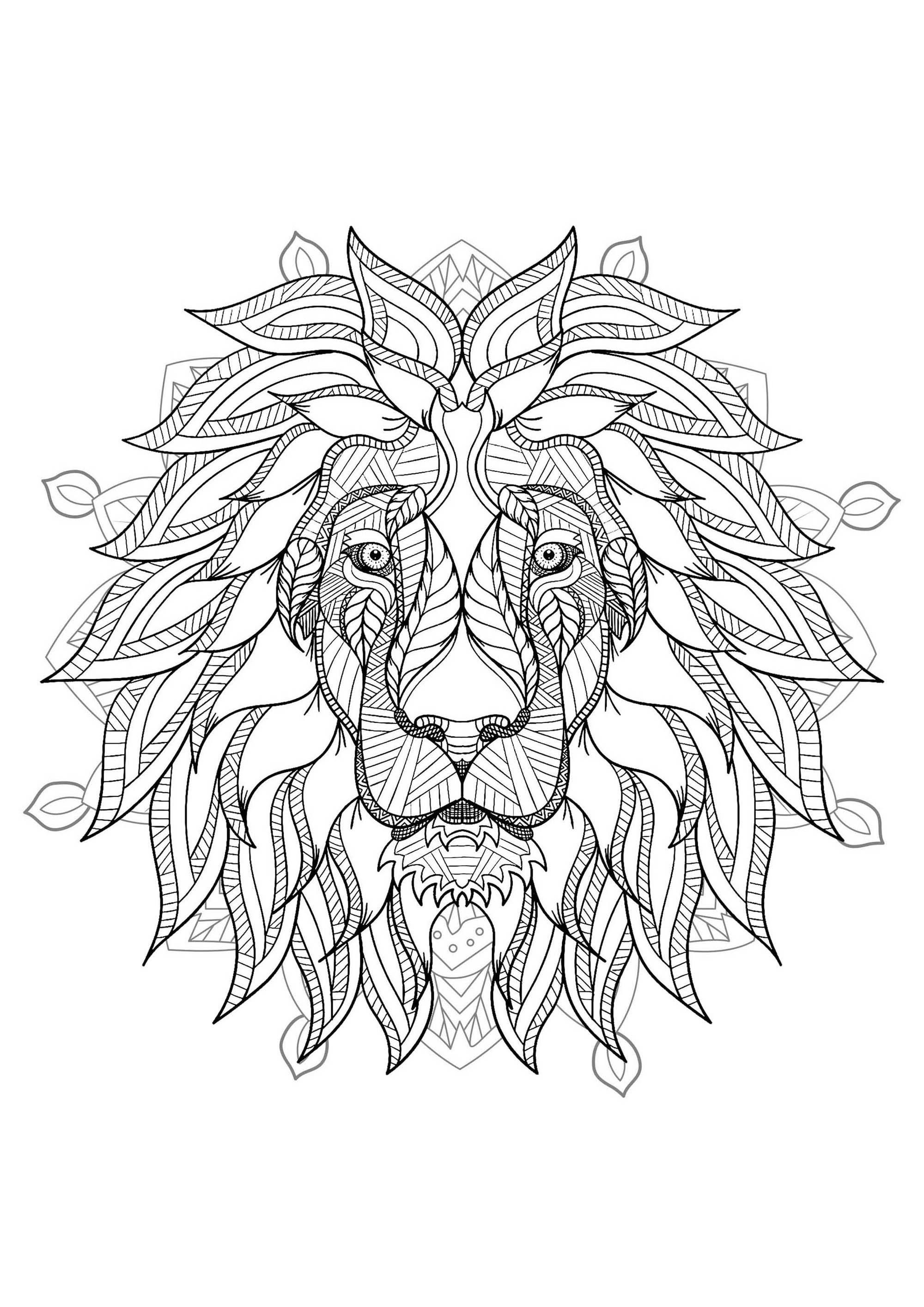 Un mandala con il re degli animali: il leone, per chi preferisce colorare cose concrete e vive.