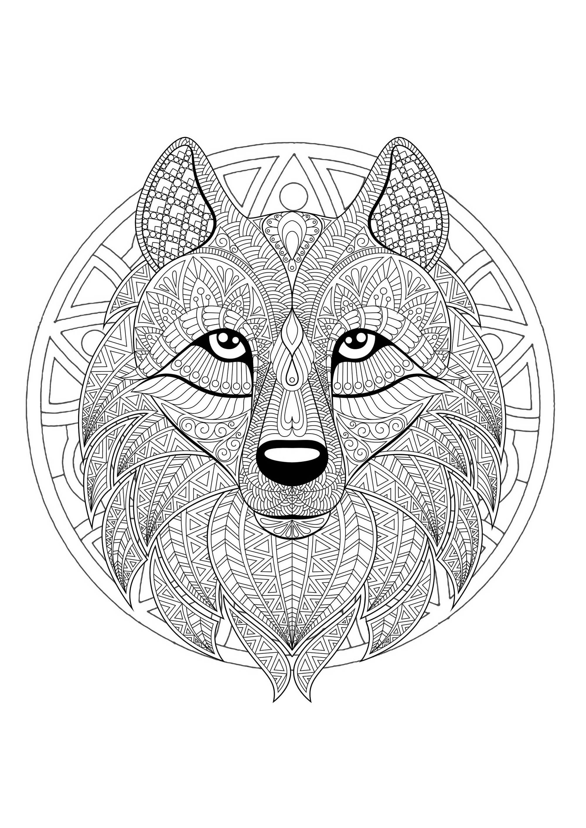 Un mandala con un simpatico lupo, per chi preferisce colorare cose concrete e vive.