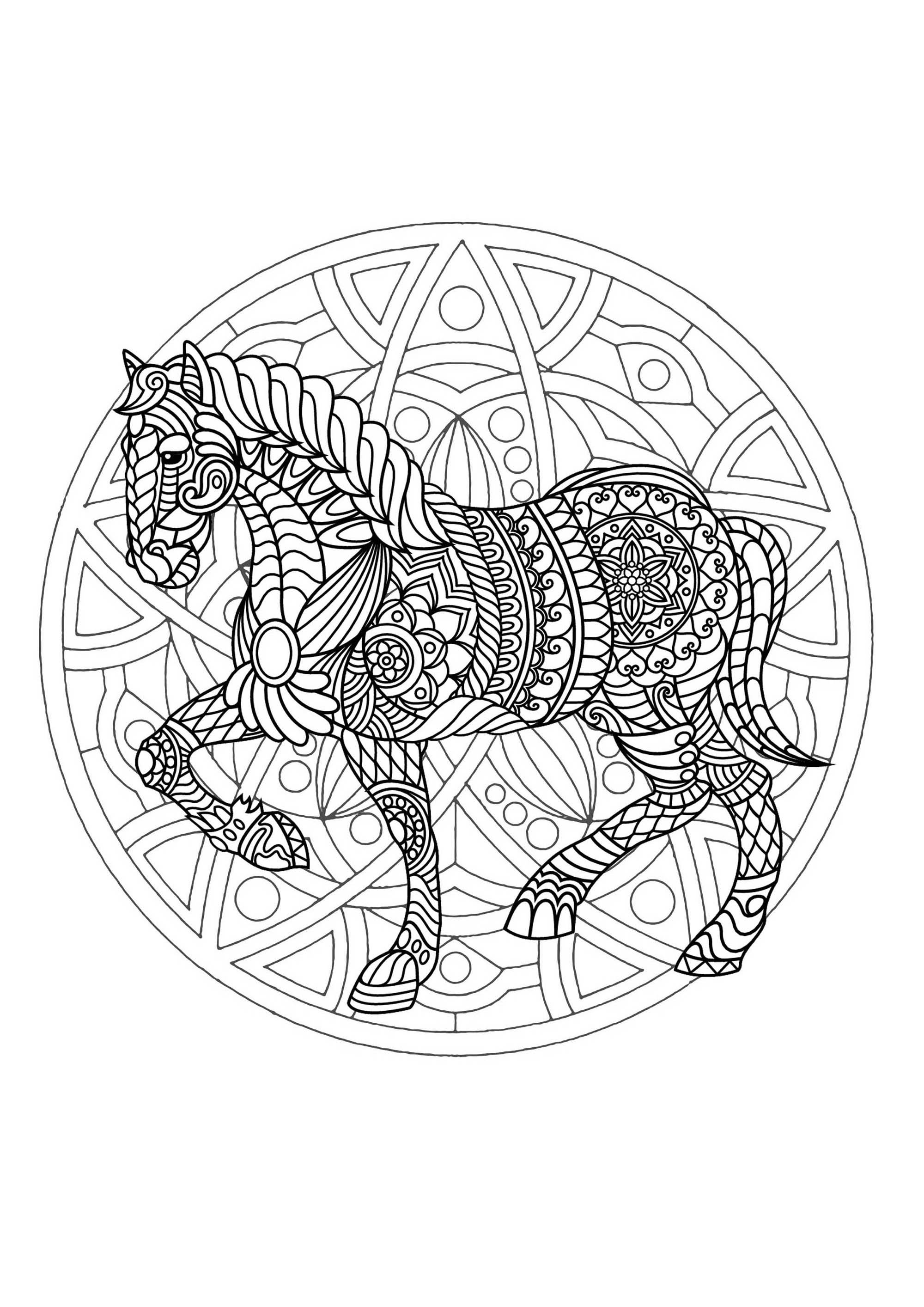 Un magnifico Mandala da colorare con un cavallo, di grande qualità e originalità. Sta a voi scegliere i colori più adatti.
