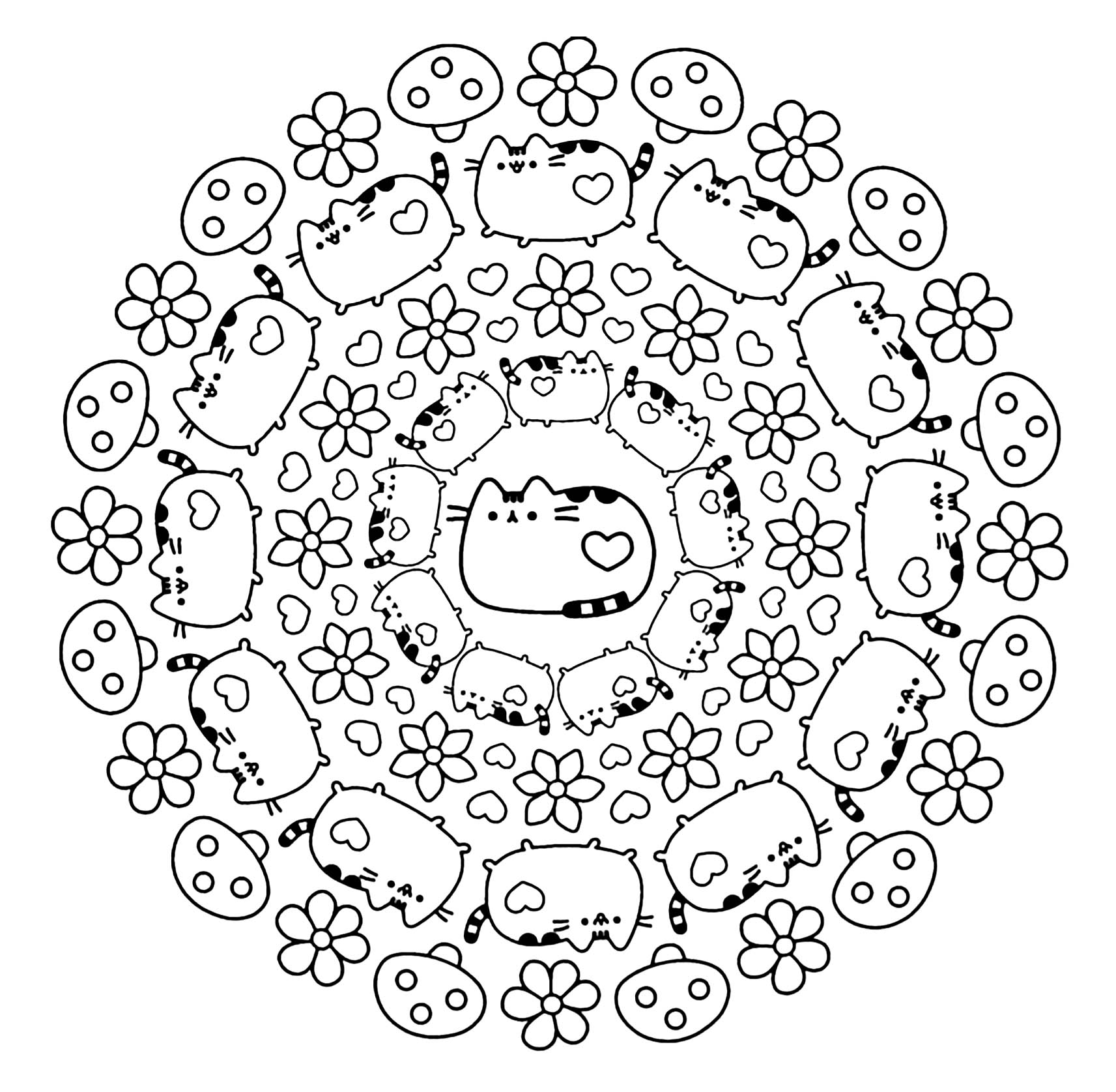 Questi graziosi gatti pusheen aspettano solo di essere colorati in questo grazioso e originale mandala, quindi sta a voi decidere. Questi graziosi gatti pusheen aspettano solo di essere colorati in questo grazioso e originale mandala, quindi sta a voi decidere.