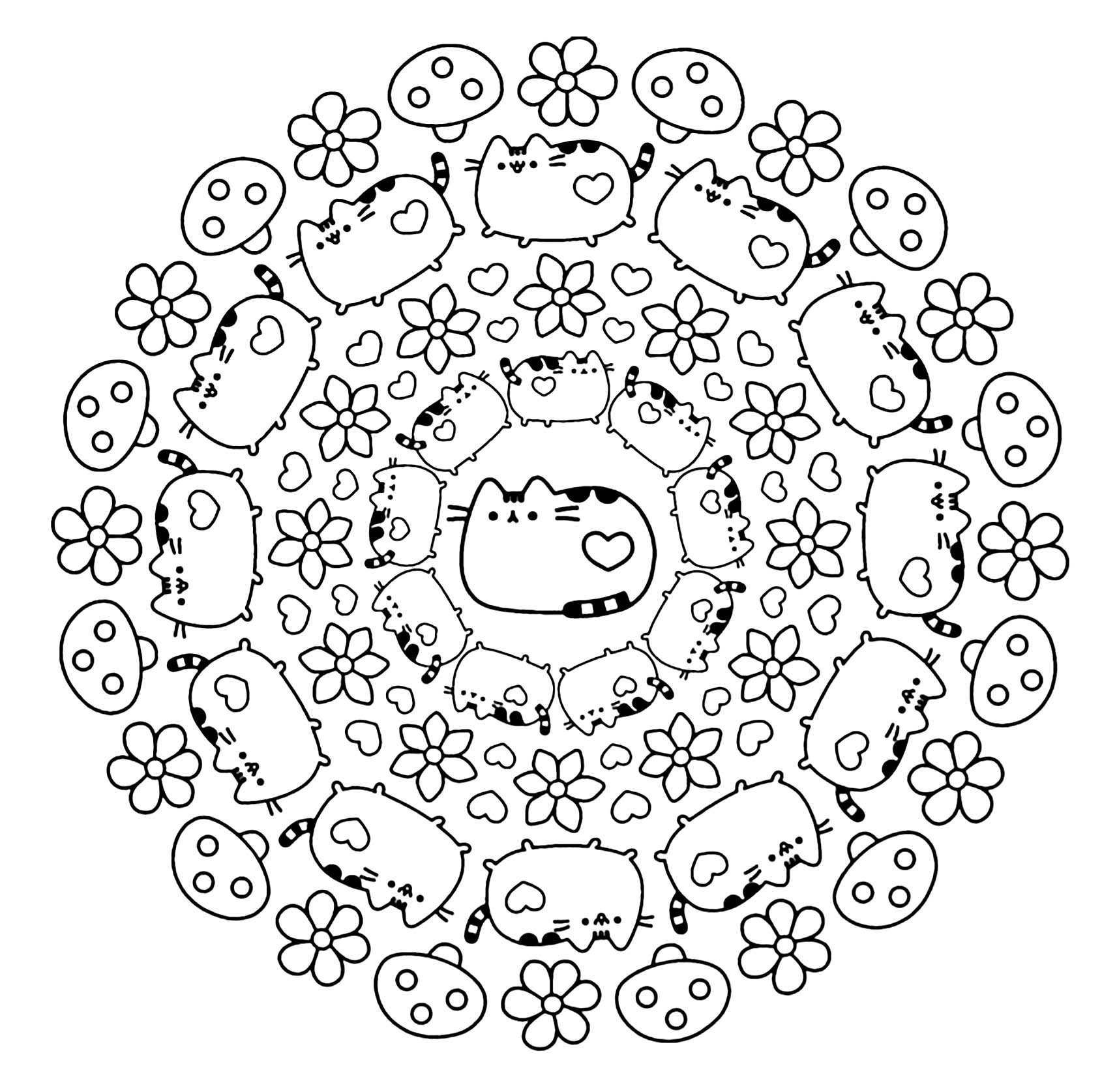 Questi graziosi gatti pusheen aspettano solo di essere colorati in questo grazioso e originale mandala, quindi sta a voi decidere.