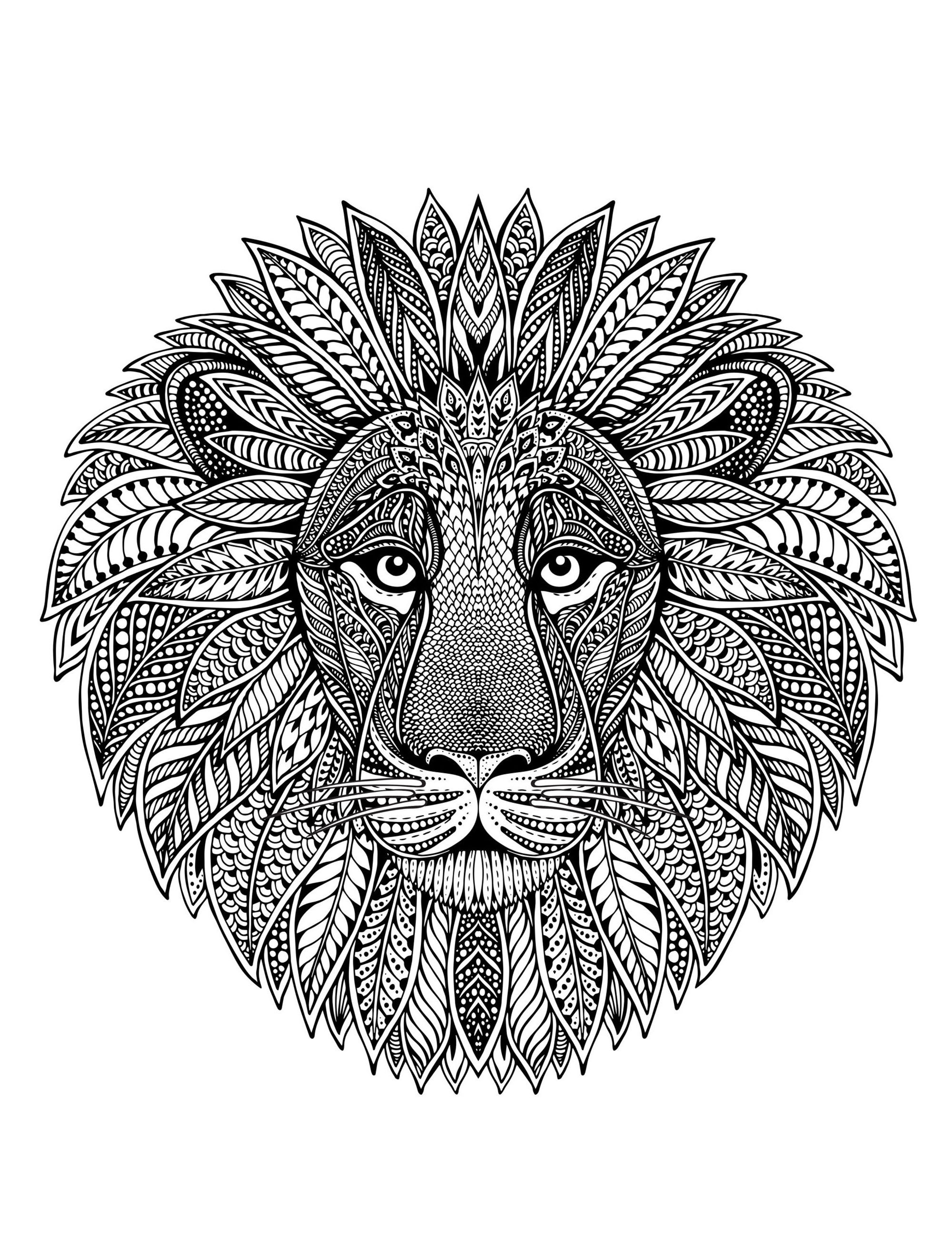 Un mandala con una testa di leone, per chi preferisce colorare con elementi concreti e vivi.