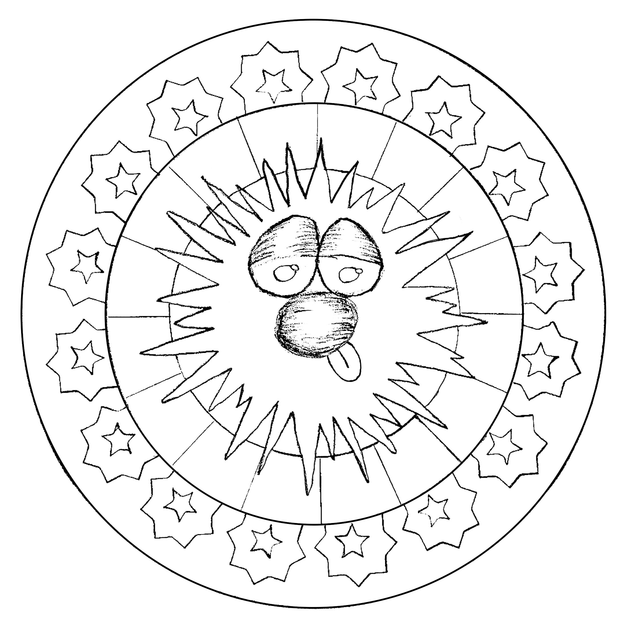 Personaggio divertente al centro di un mandala. Un disegno creato in esclusiva per il sito!