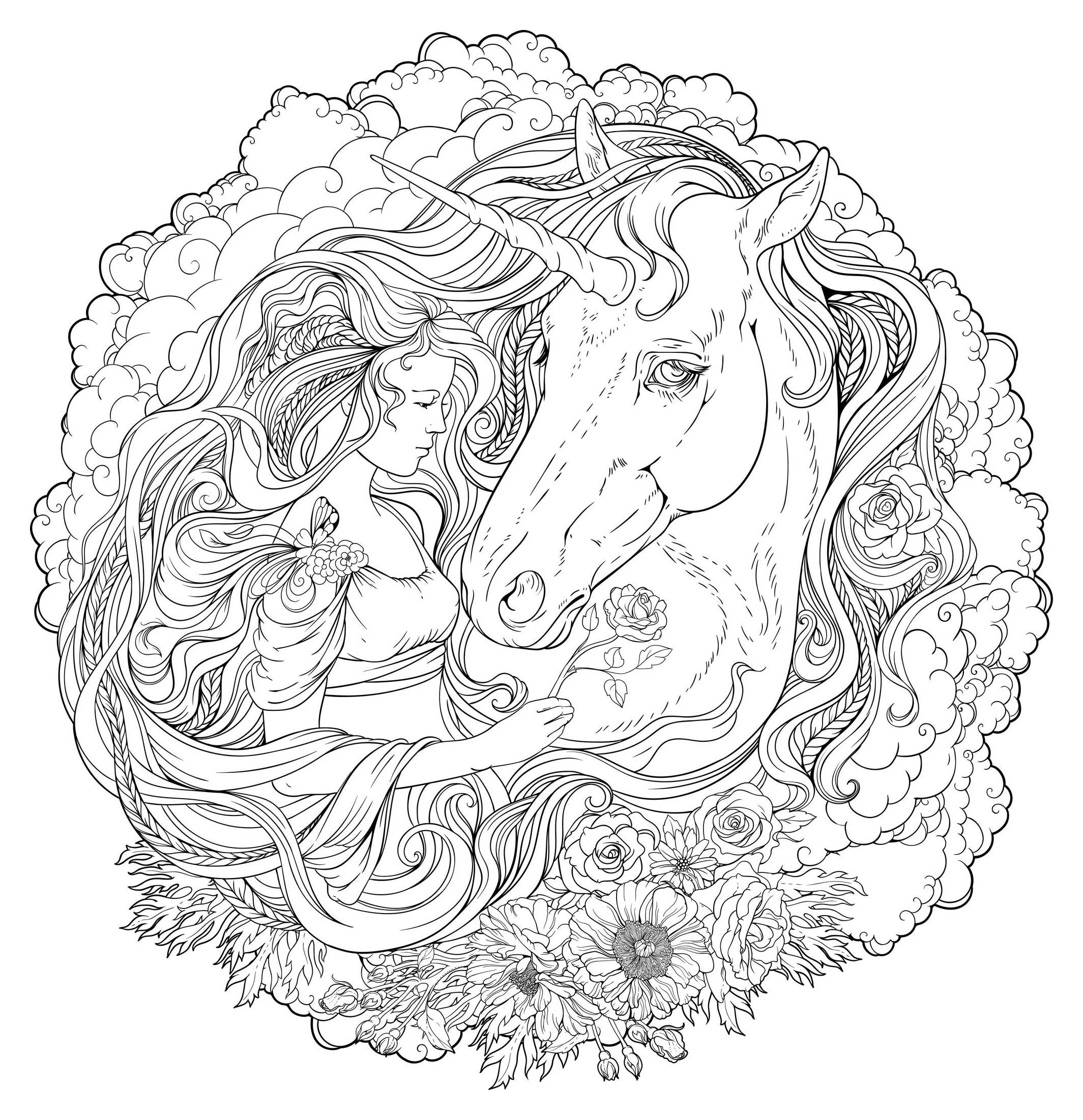 Ragazza e unicorno in un bellissimo mandala esclusivo. Sta a voi trovare i colori più belli per dar loro vita, Fonte : 123rf Artista : Nadiia Zhebrakovska Ragazza e unicorno in un bellissimo mandala esclusivo. Sta a voi trovare i colori più belli per dar loro vita, Fonte : 123rf Artista : Nadiia Zhebrakovska