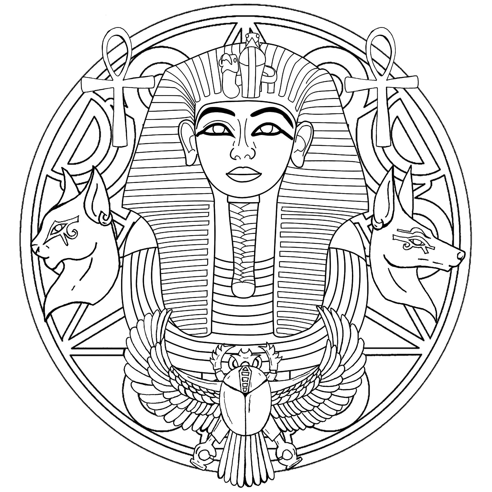 La maschera di Tutankhamon è tanto un'icona quanto un mistero. Ecco un mandala con essa e vari simboli egizi. Versione 2 La maschera di Tutankhamon è tanto un'icona quanto un mistero. Ecco un mandala con essa e vari simboli egizi. Versione 2