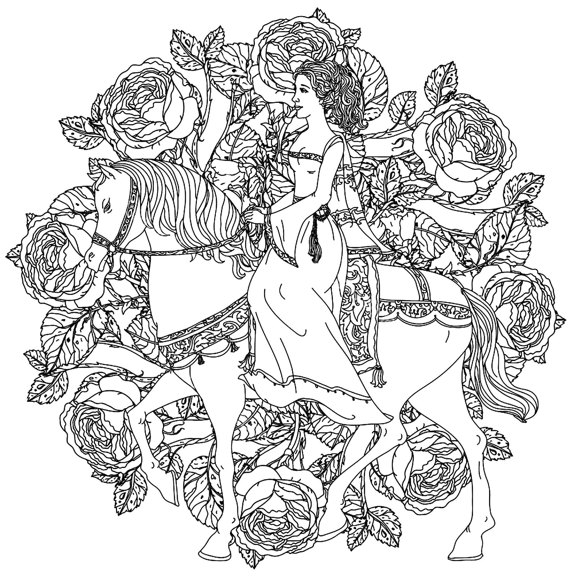 Una principessa che cavalca il suo cavallo in un magnifico mandala di fiori