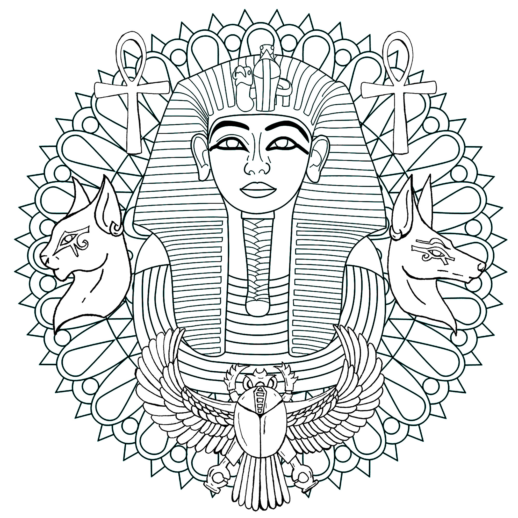 La maschera di Tutankhamon è un'icona e un mistero. Ecco un mandala con essa e vari simboli egizi. Versione 1 La maschera di Tutankhamon è un'icona e un mistero. Ecco un mandala con essa e vari simboli egizi. Versione 1