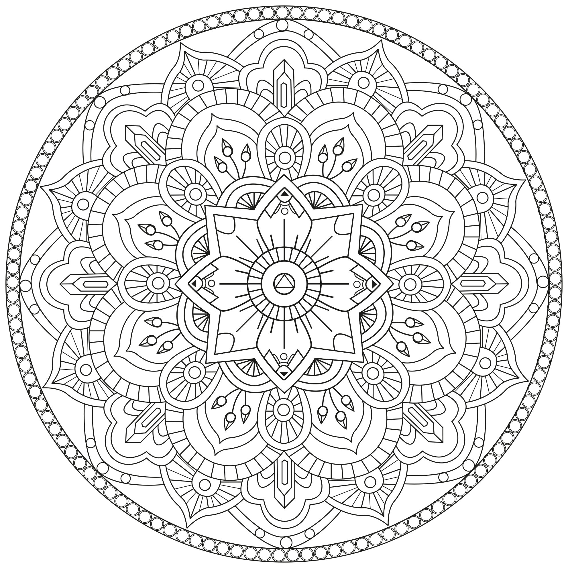 Tanti piccoli dettagli e aree piuttosto ridotte, per un Mandala 'a linee regolari' molto originale e armonioso.