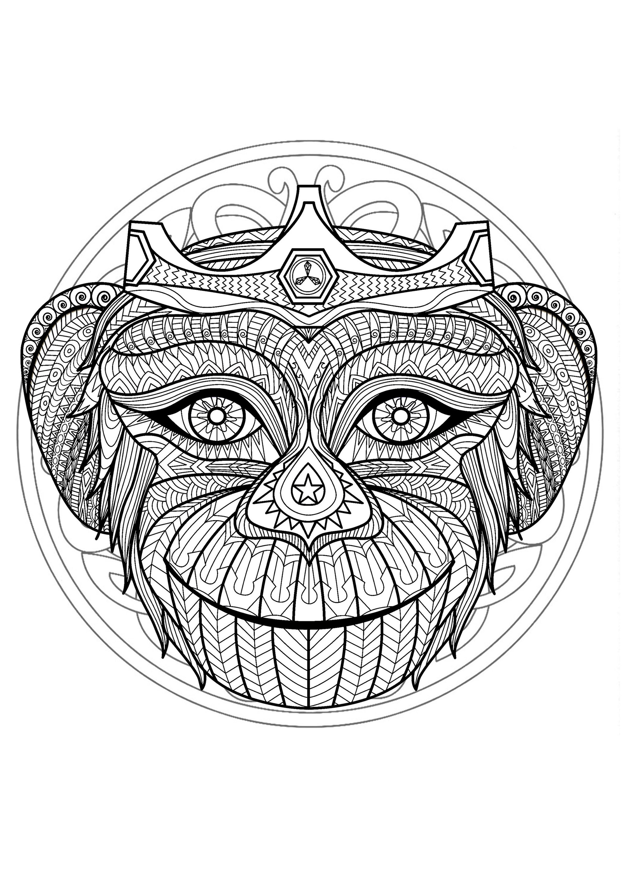 Mandala e testa di scimmia. Se siete pronti a trascorrere lunghi minuti di relax, preparatevi a colorare questo mandala piuttosto complesso... Se volete, potete usare molti colori.