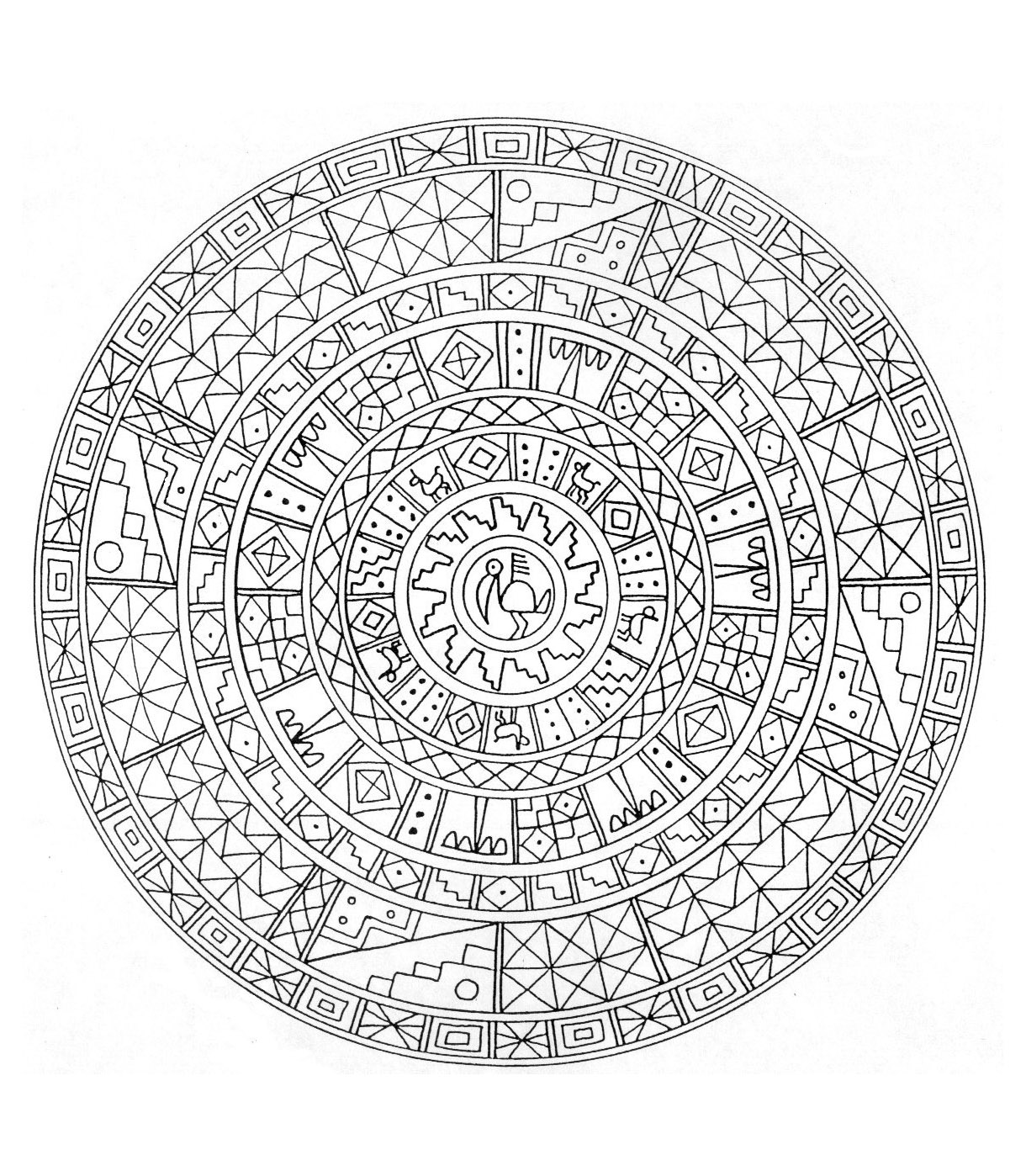 Straordinario mandala con diverse forme geometriche rappresentate da quadrati, losanghe e un grazioso fiore al centro. Mandala ricco di dettagli.