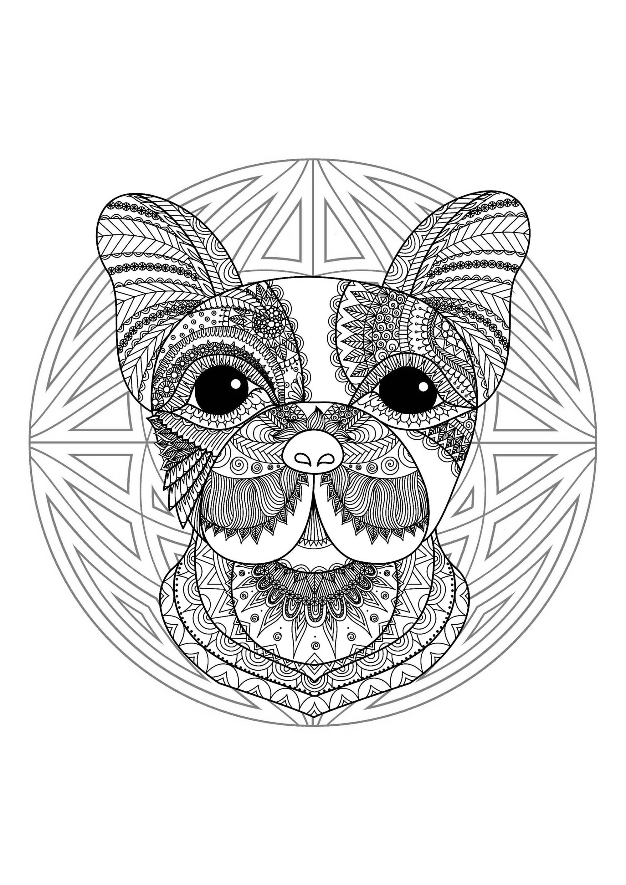 Mandala e testa di cane. Preparate i pennarelli e le matite per colorare questo mandala ricco di piccoli dettagli e aree interconnesse. Mandala e testa di cane. Preparate i pennarelli e le matite per colorare questo mandala ricco di piccoli dettagli e aree interconnesse.