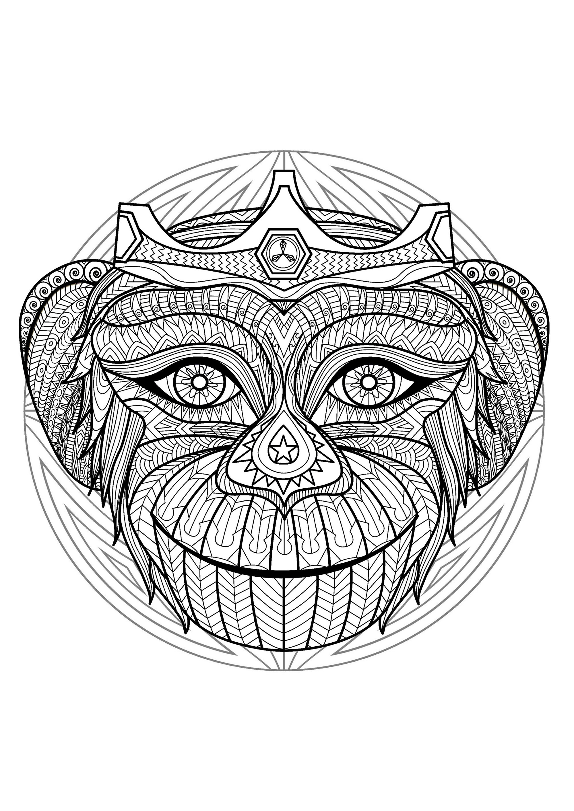 Mandala e testa di scimmia. Tanti piccoli dettagli e aree piuttosto ridotte, per un mandala molto originale e armonioso.