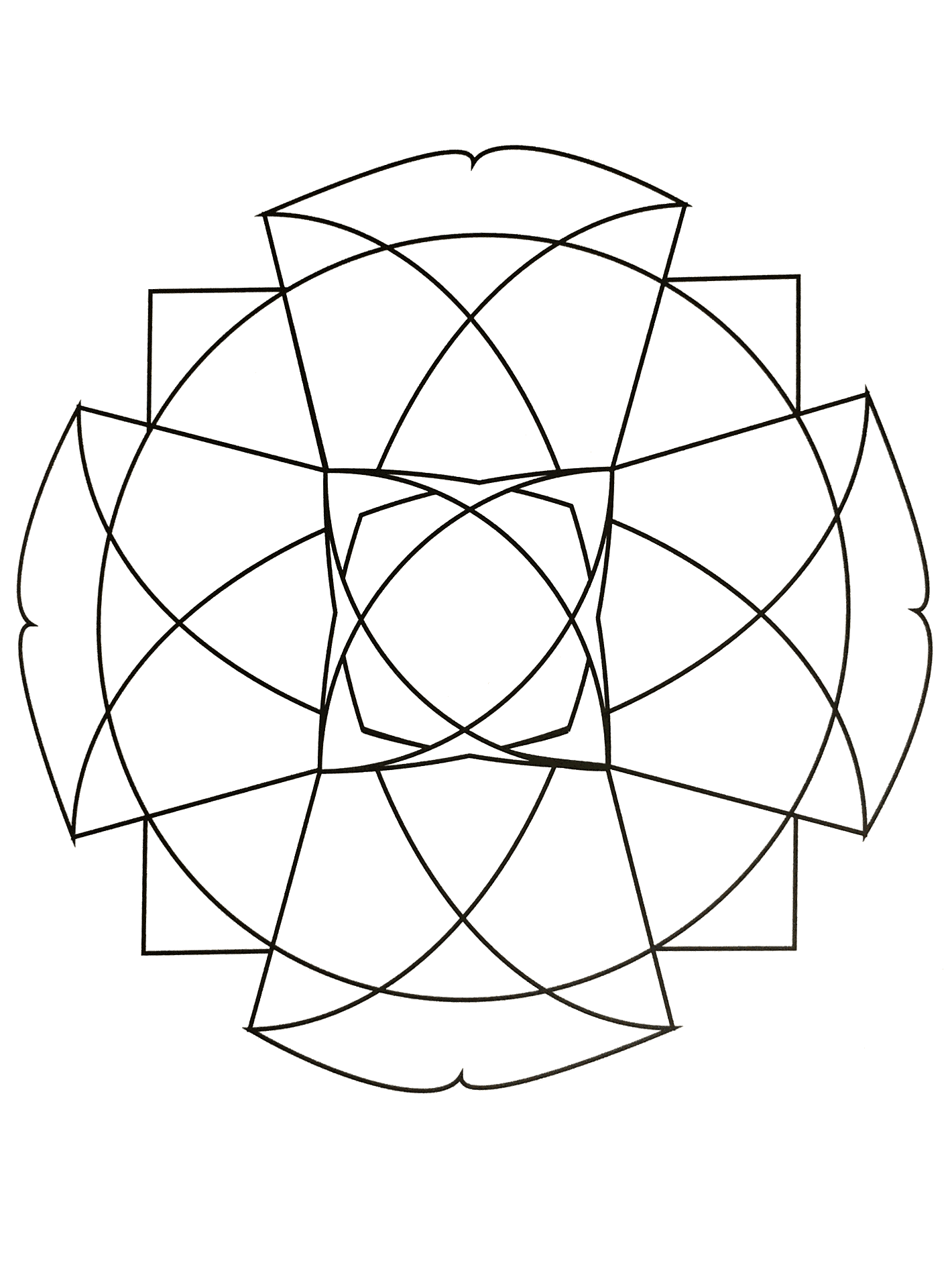 Mandala da stampare che rappresenta una grande croce e altre forme geometriche (triangolo, rombo...).