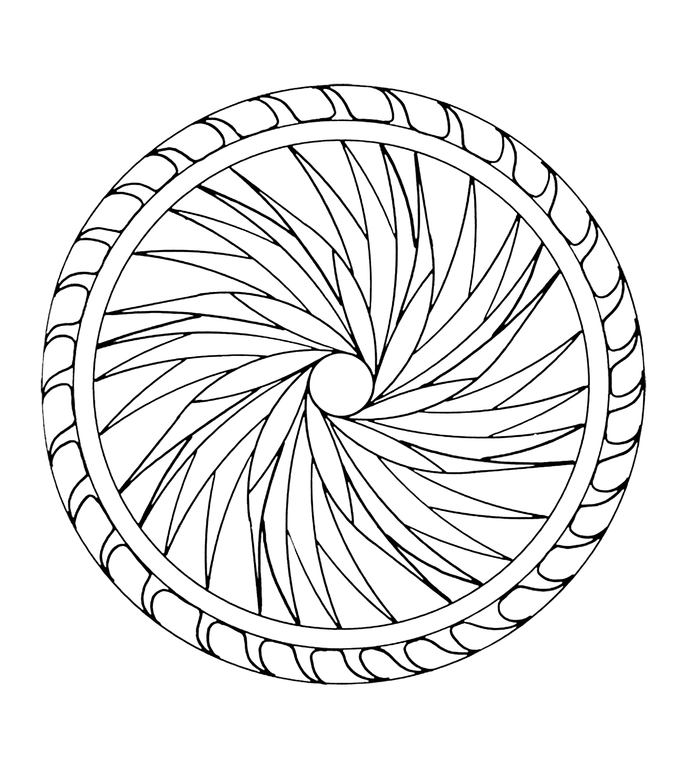 Un mandala astratto rotondo, che dà un'impressione di movimento. Abbastanza semplice per i bambini.