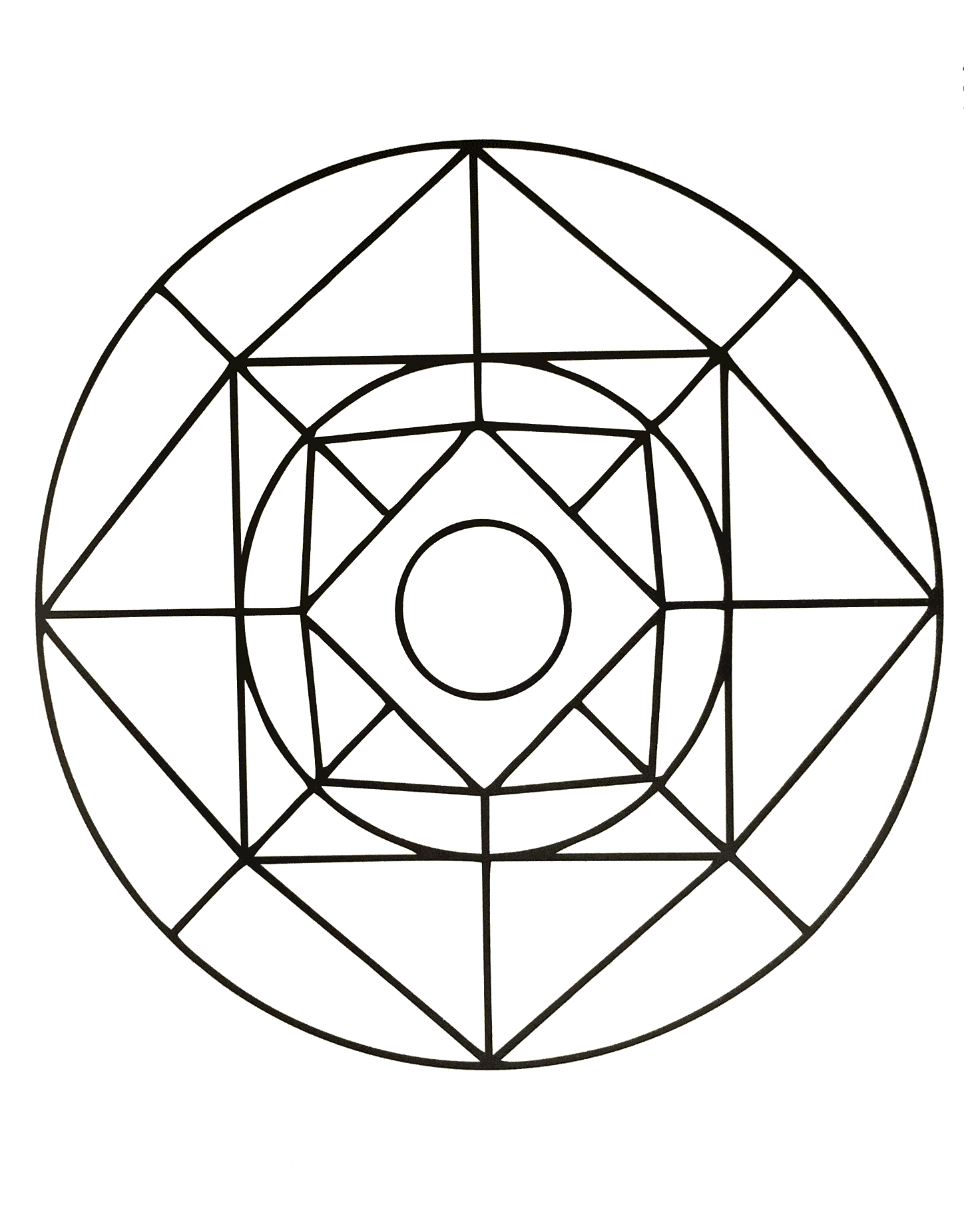 Un grazioso mandala geometrico con diversi quadrati e un cerchio al centro. Abbastanza facile da colorare.