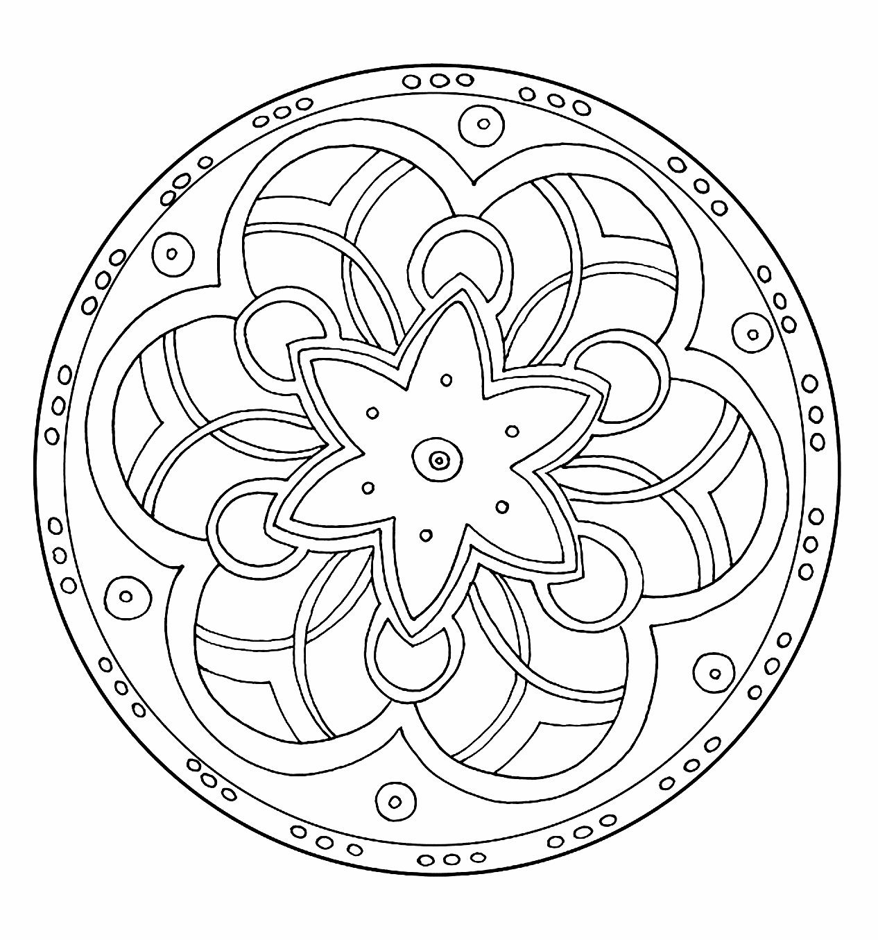 Mandala da colorare con spirali e una bella stella al centro.