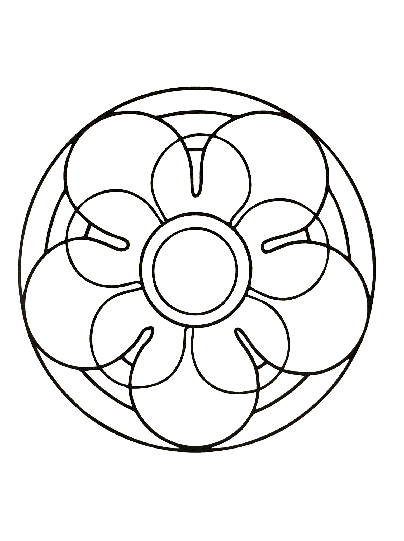 Mandala da colorare con un fiore e un cerchio al centro. Molto facile da colorare.