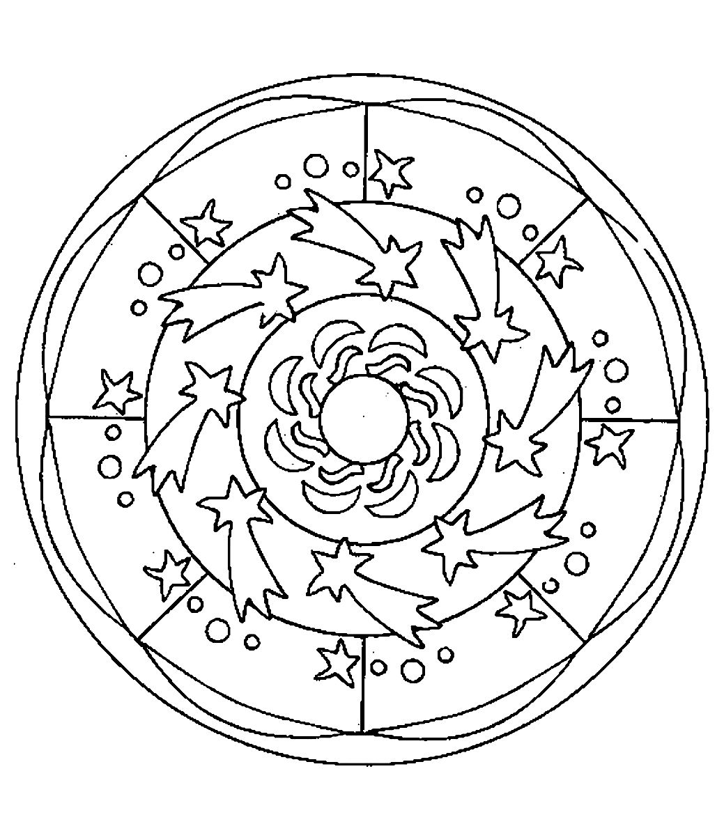 Mandala da colorare in stile 'spaziale' con bellissime stelle sparse intorno al cerchio. Facile da colorare.