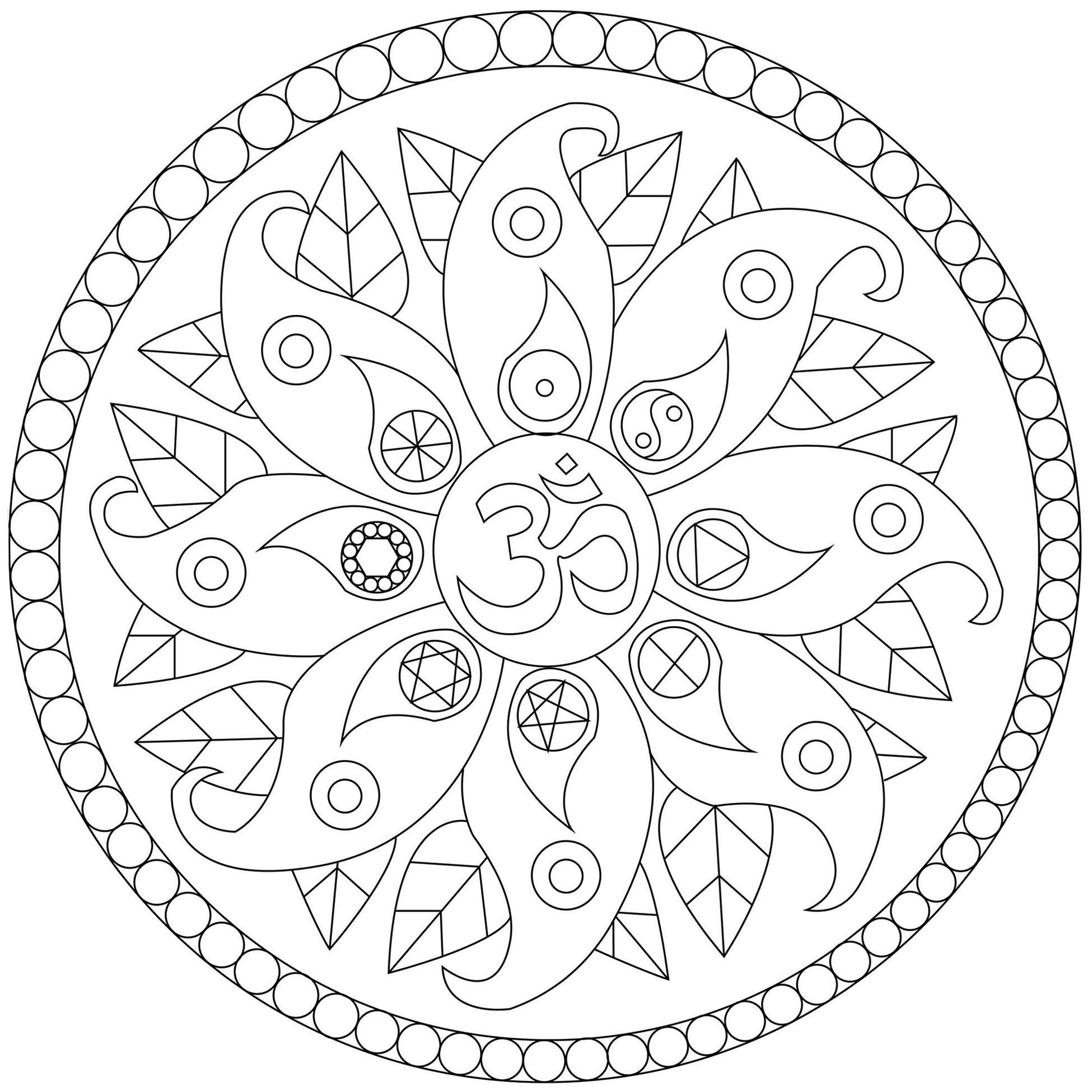 Grazioso mandala con vari simboli come lo Yin e lo Yang, il simbolo Om .., Artista : Caillou