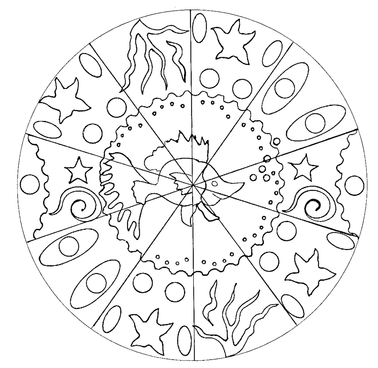 Un Mandala da colorare per i bambini più piccoli, a basso livello di difficoltà. Al centro c'è un bel pesce