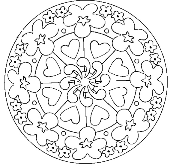 Splendido mandala di fiori e graziosi cuori al centro. Un disegno molto semplice.
