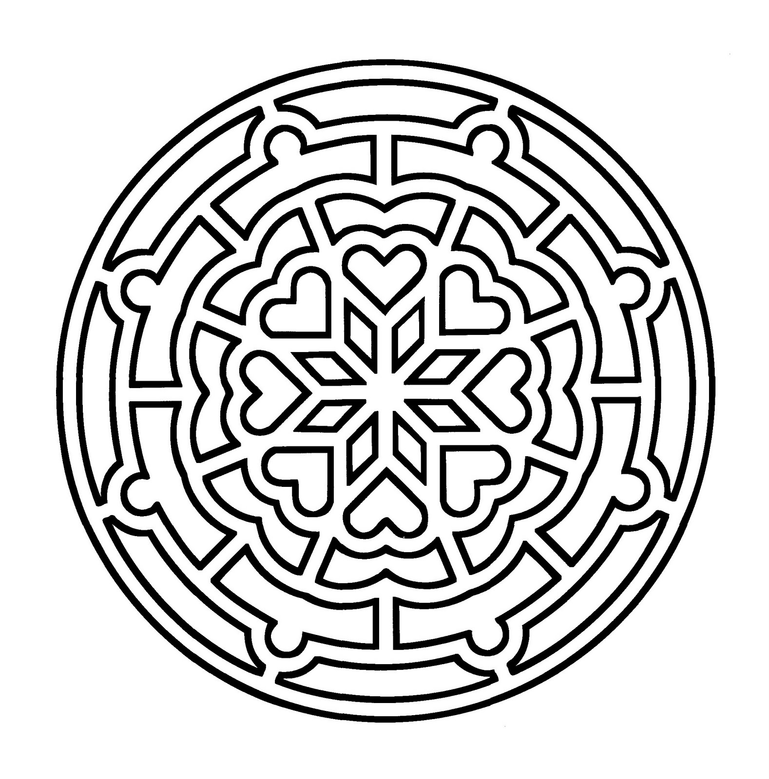 Mandala geometrico da colorare con cuori al centro.