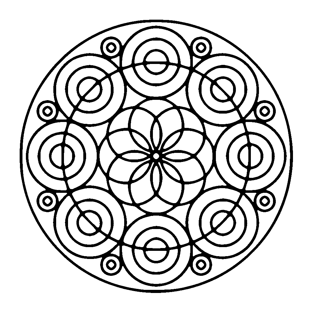 Un Mandala da colorare composto da cerchi che formano fiori, per i bambini più piccoli, con un basso livello di difficoltà. Grandi aree facili da riempire.