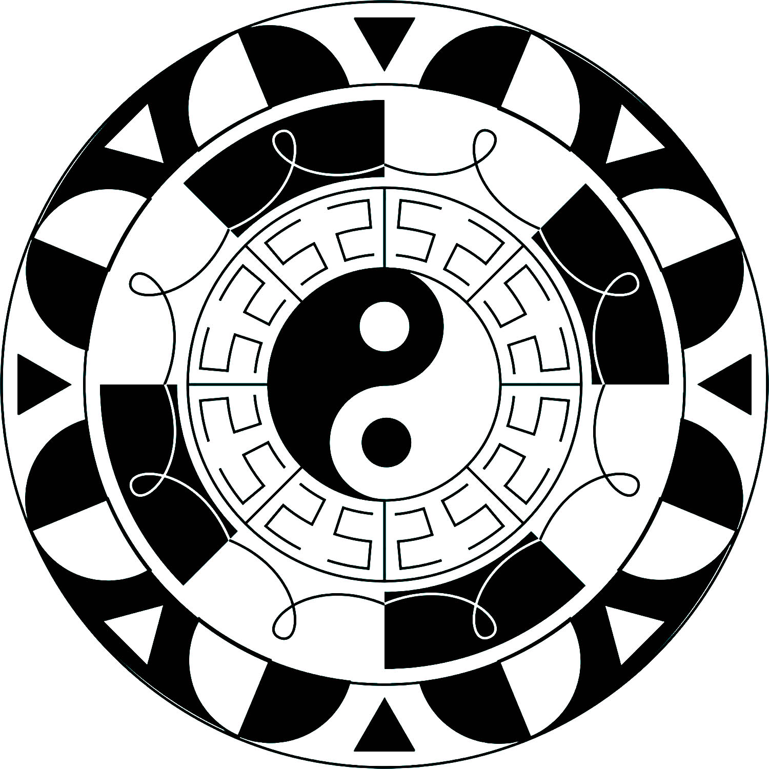Semplice mandala con simbolo Yin & Yang al centro ed elementi in bianco e nero