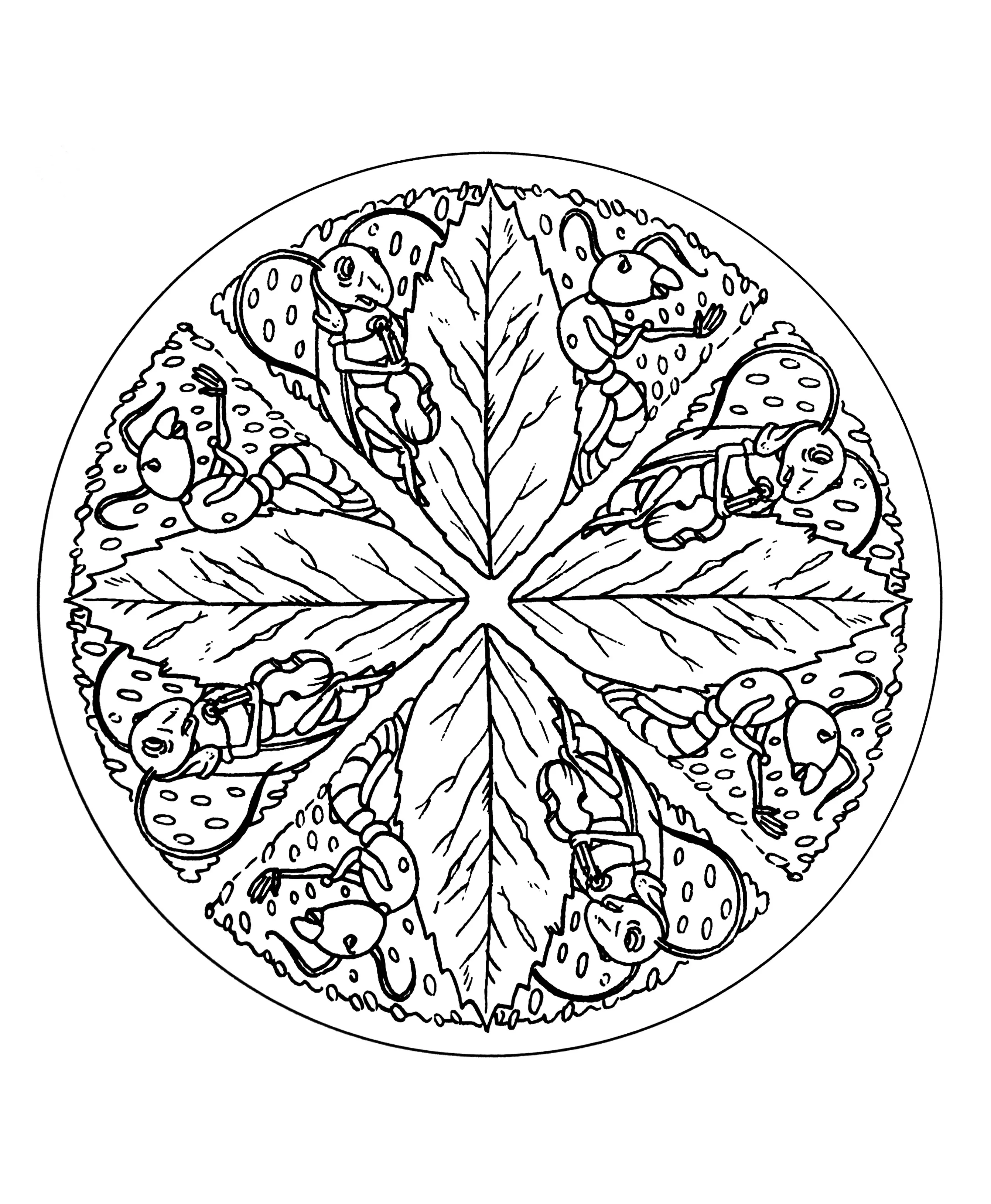 Foglie di mandala e formiche (Tema Mandala : Fiori e vegetazione)