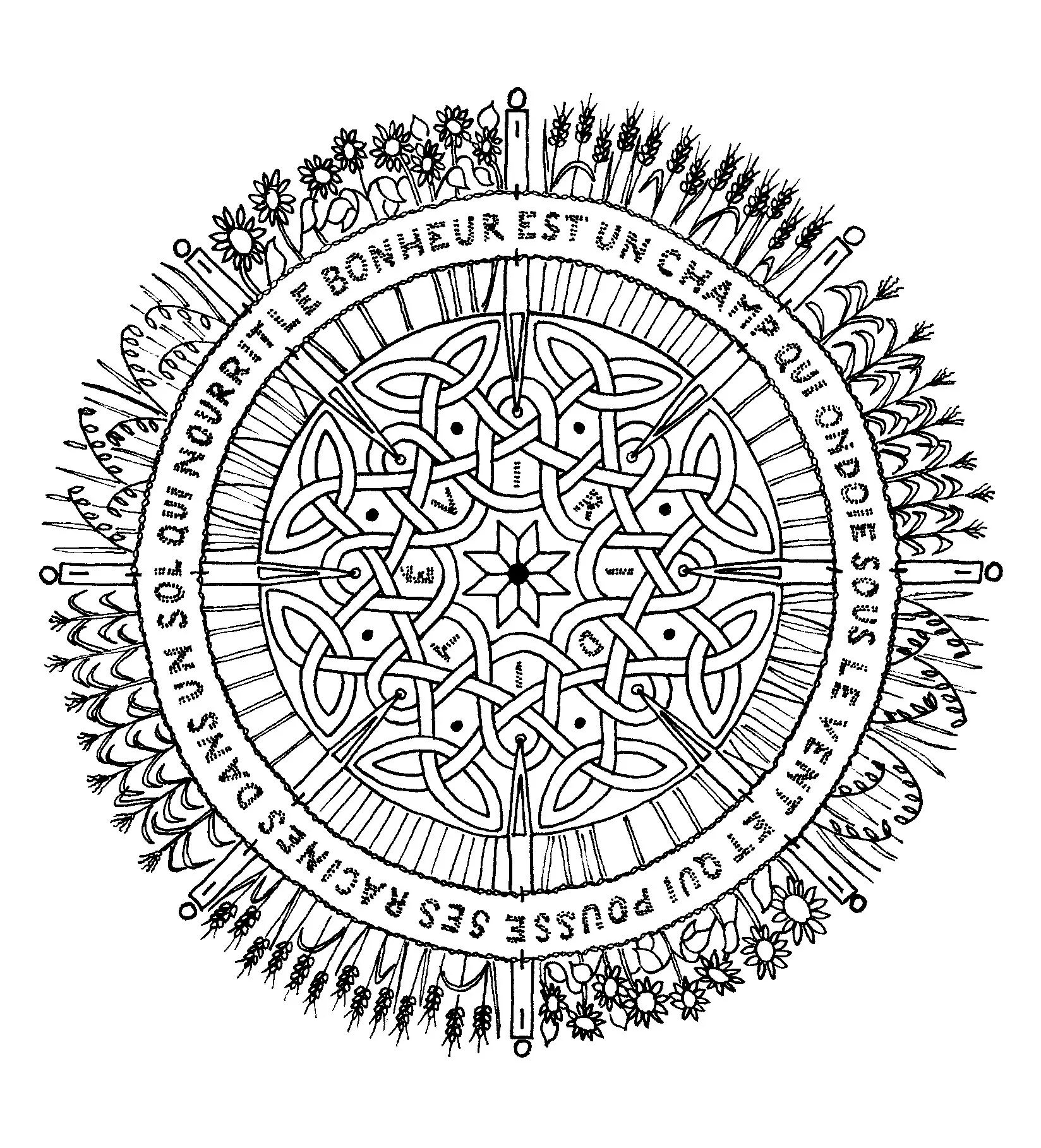 Mandala da colorare con fiori e foglie (Tema Mandala : <b>Fiori e vegetazione</b>)