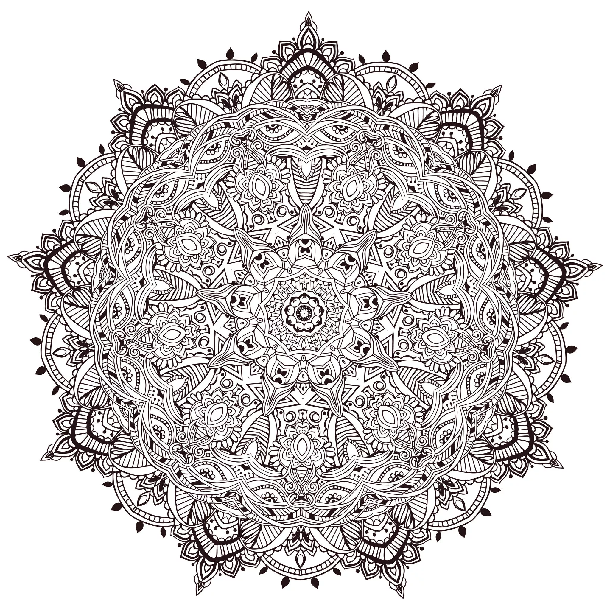 Mandala vegetale ultra-dettagliato e minuzioso (Tema Mandala : Fiori e vegetazione)