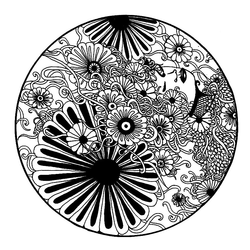 Fiori in bianco e nero in un mandala, di Elanise. È piuttosto originale in quanto non è simmetrico, quindi è un mandala piuttosto particolare ma piacevole.