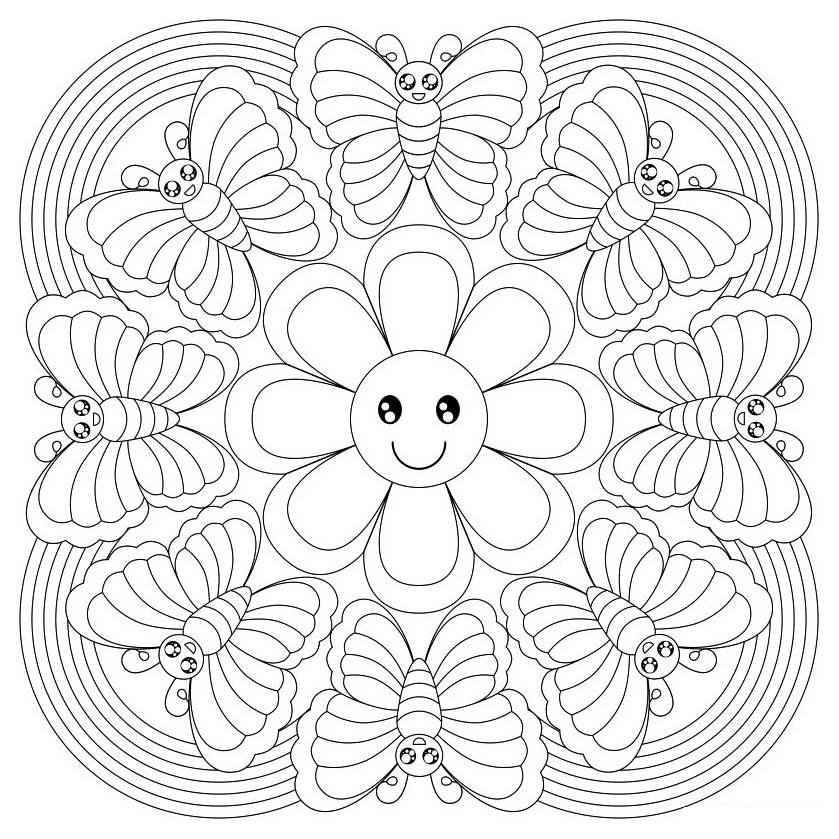 Ecco un originale Mandala da colorare, con farfalle e un bellissimo fiorellino al centro.