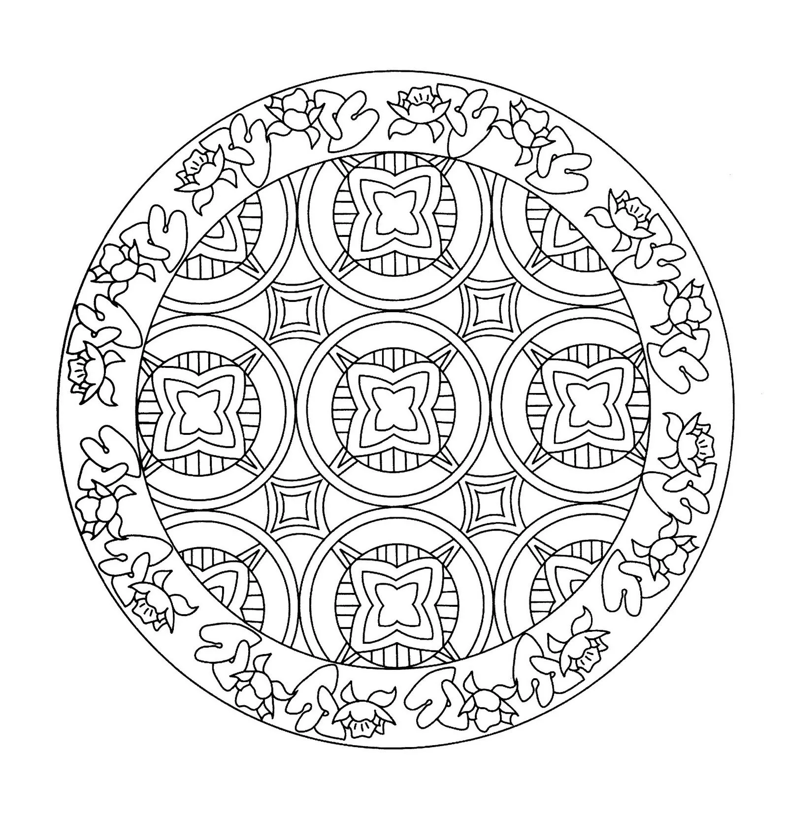 Mandala con fiori da colorare (Tema Mandala : <b>Fiori e vegetazione</b>)