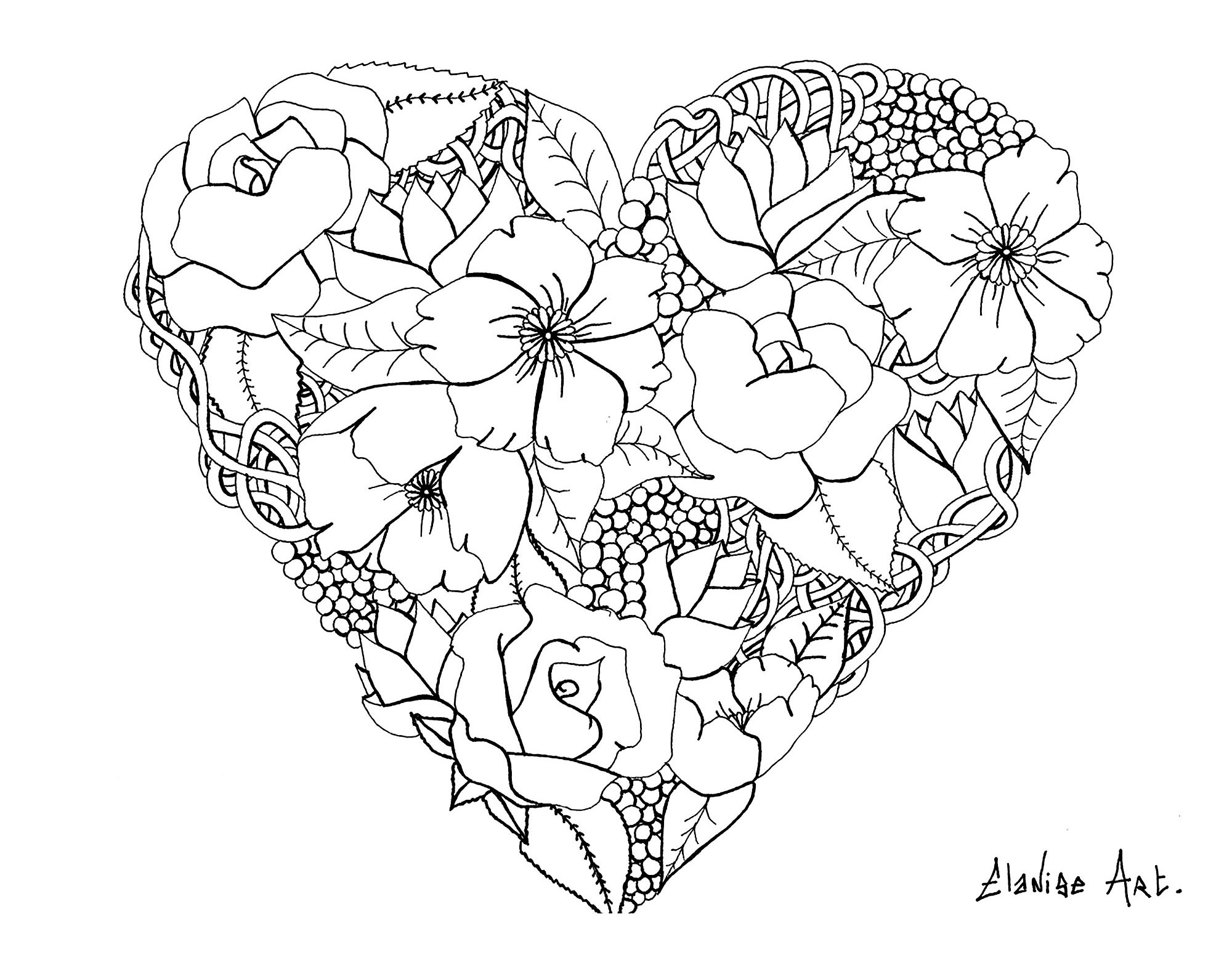 Grazioso cuore fiorito, di Elanise. Non si tratta di un vero e proprio mandala, ma di una pagina da colorare che presenta un cuore con fiori realistici.