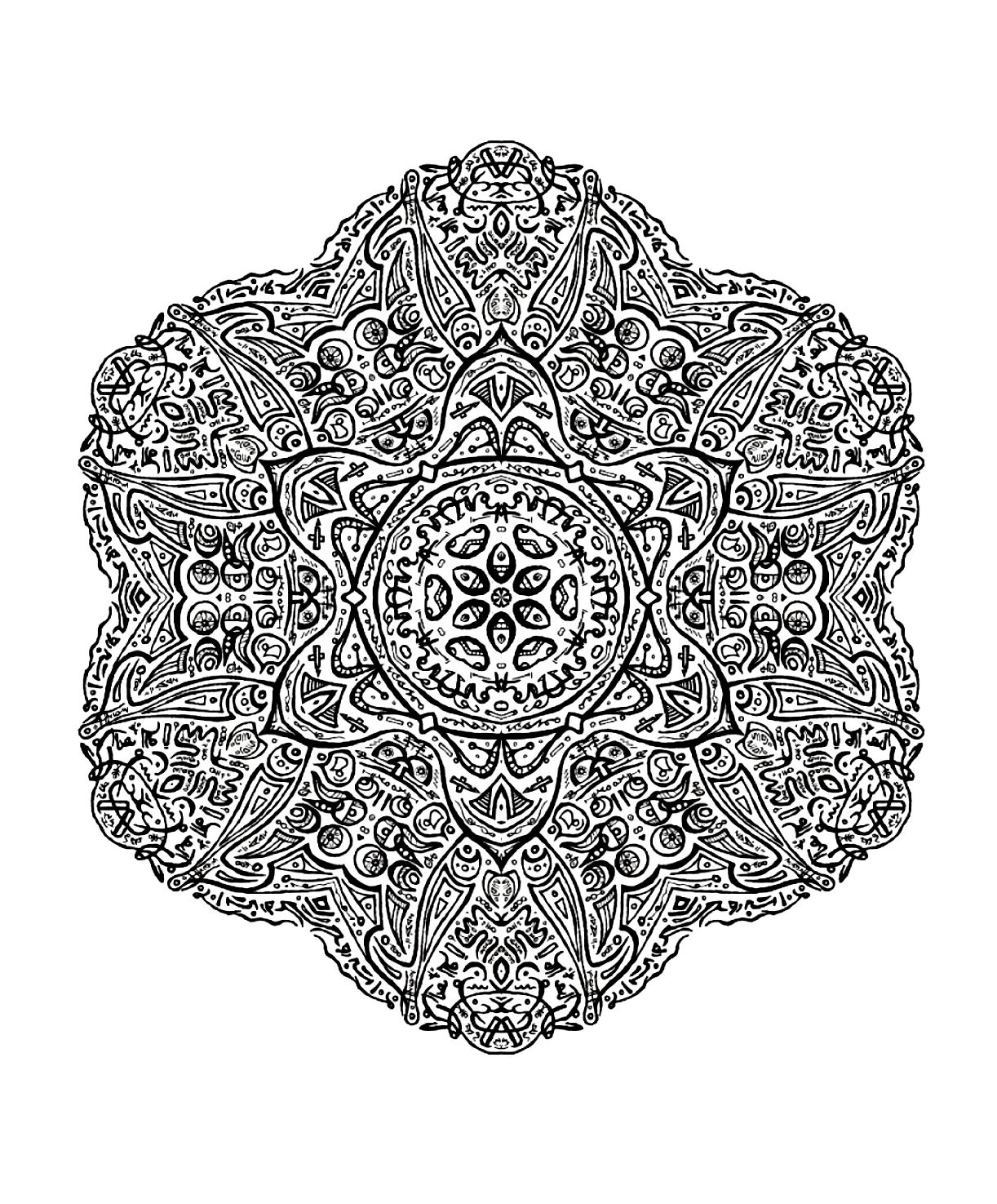 Per completare questo complicatissimo Mandala da colorare avrete bisogno di pazienza e perseveranza: una lente d'ingrandimento sarà l'ideale per aiutarvi a riempire ogni area ...