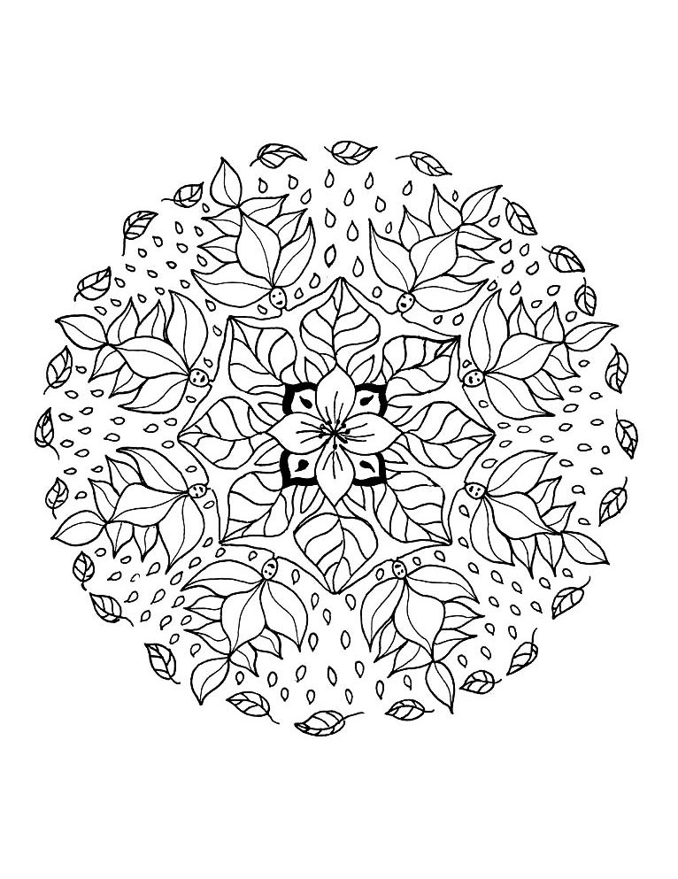 Un superbo mandala incentrato su un elemento: la foglia, con un bel fiore al centro.