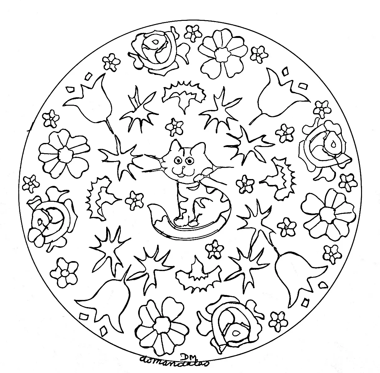 Mandala gatto e fiori (Mandala di livello di difficoltà : Normale)