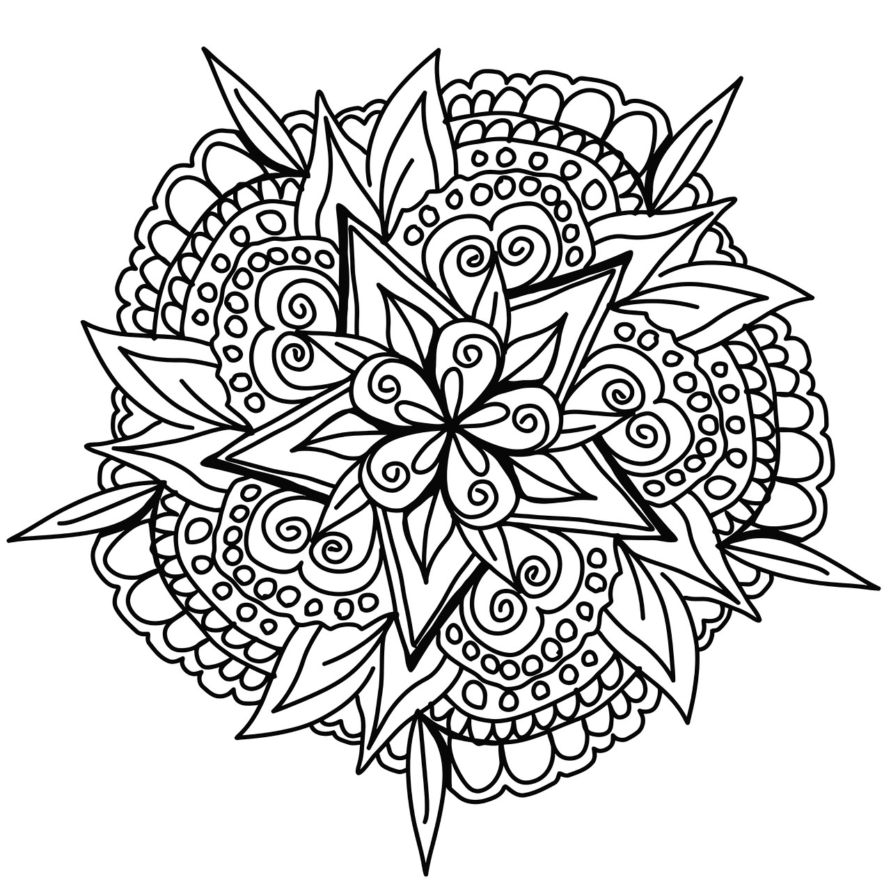 Linee pulite per un Mandala vegetale disegnato a mano, con bellissime foglie, fiori ed elementi astratti.