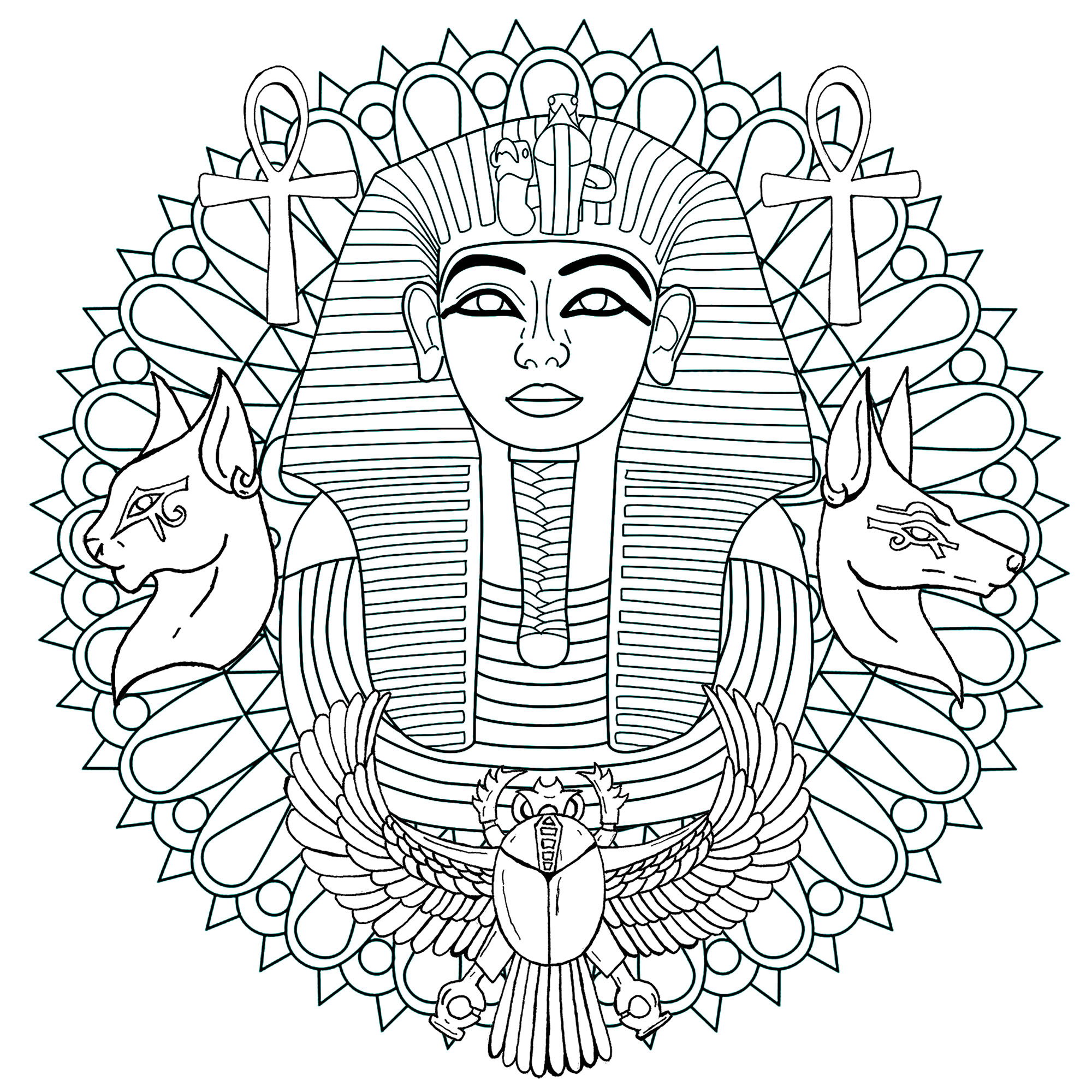Tutankhamon fu l'undicesimo faraone della XVIIIᵉ dinastia. Ecco un mandala con al centro la sua famosa maschera funeraria. Versione 1