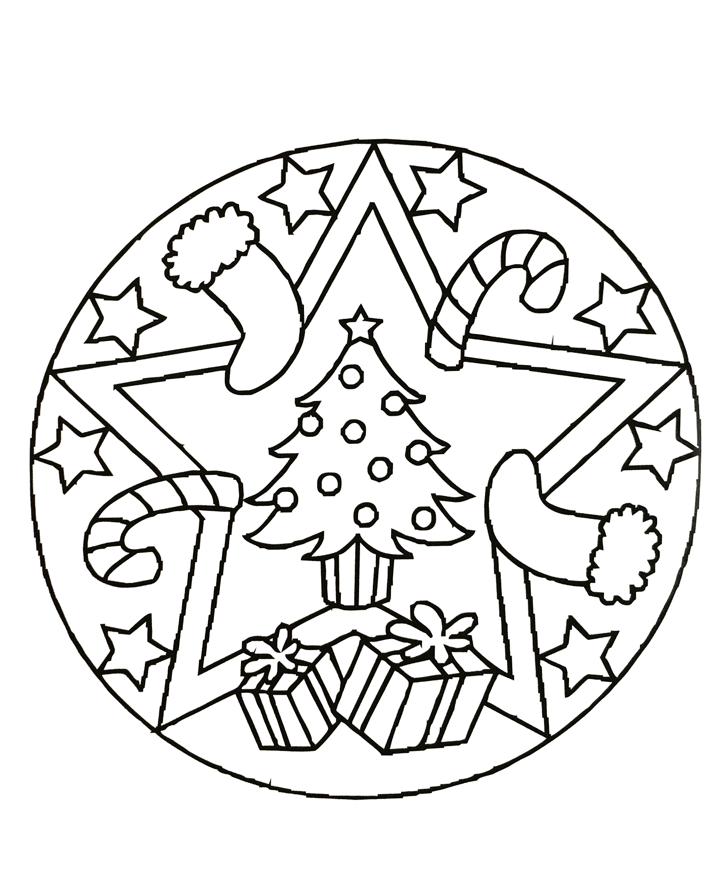 Originale mandala nello spirito del Natale, con diversi elementi che evocano la ricorrenza. Facile e divertente da colorare.