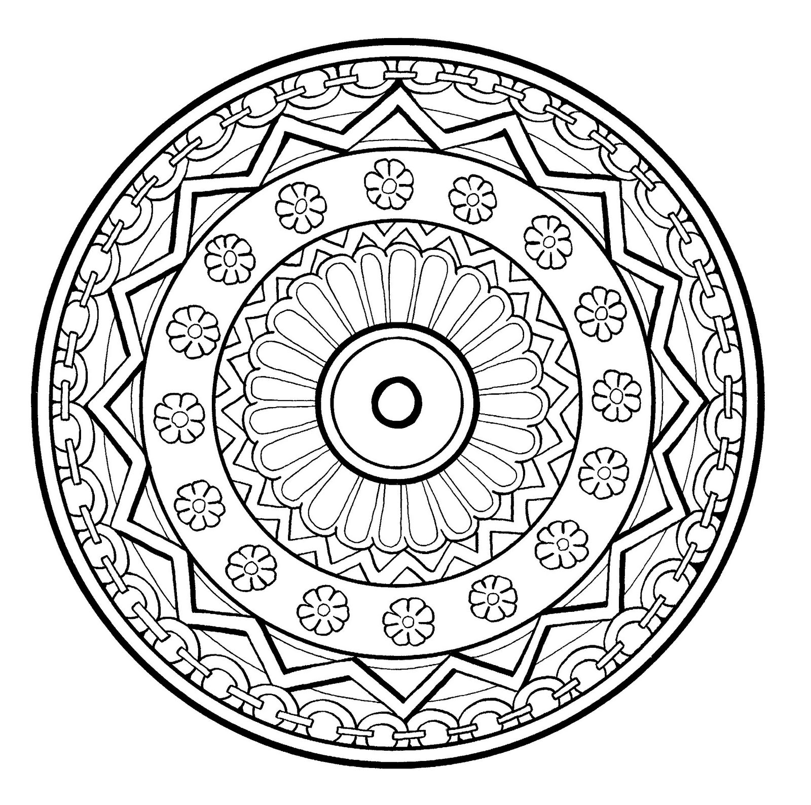 Superbo mandala a spirale, piuttosto fiorito, con diversi elementi come fiori, forme geometriche o catene tutt'intorno. Livello abbastanza normale.