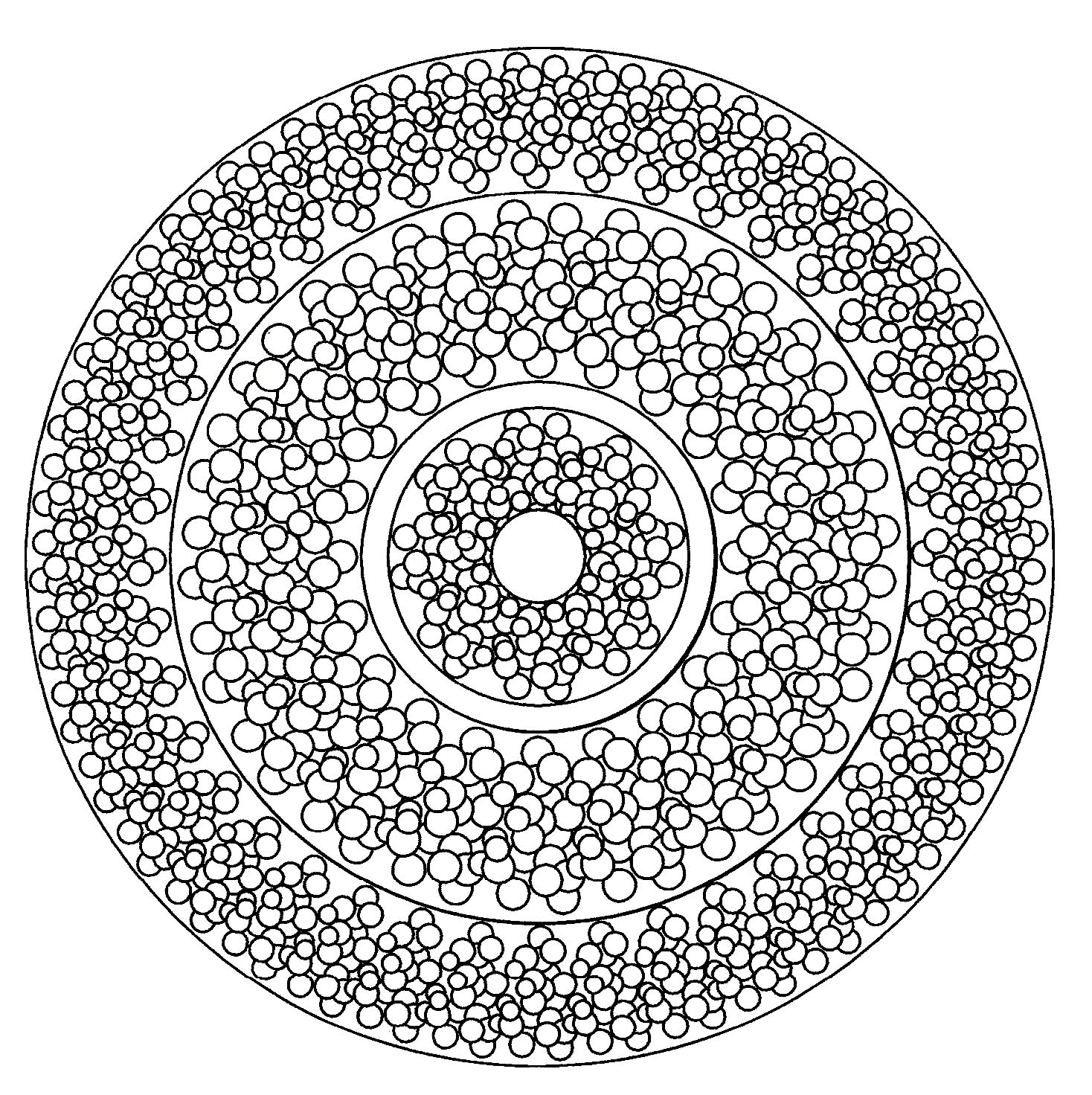 Un mandala composto da piccole aree circolari fuori dall'ordinario, per divertirsi a colorare senza il fastidio di colorare aree minuscole.