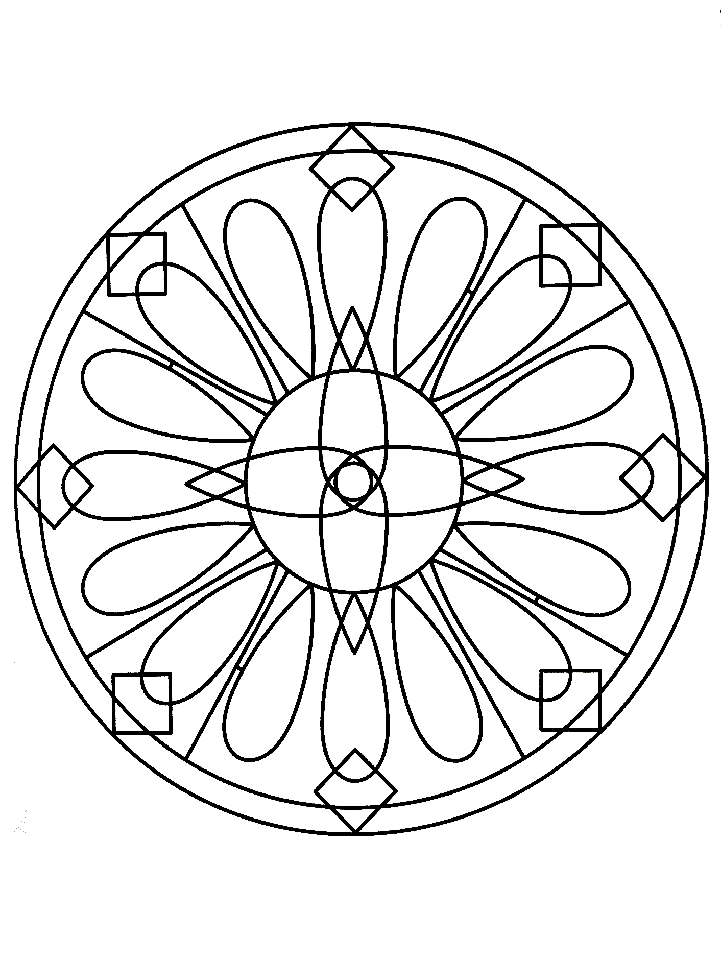 Mandala da scaricare con diverse forme geometriche, piuttosto originali. Facile da colorare.