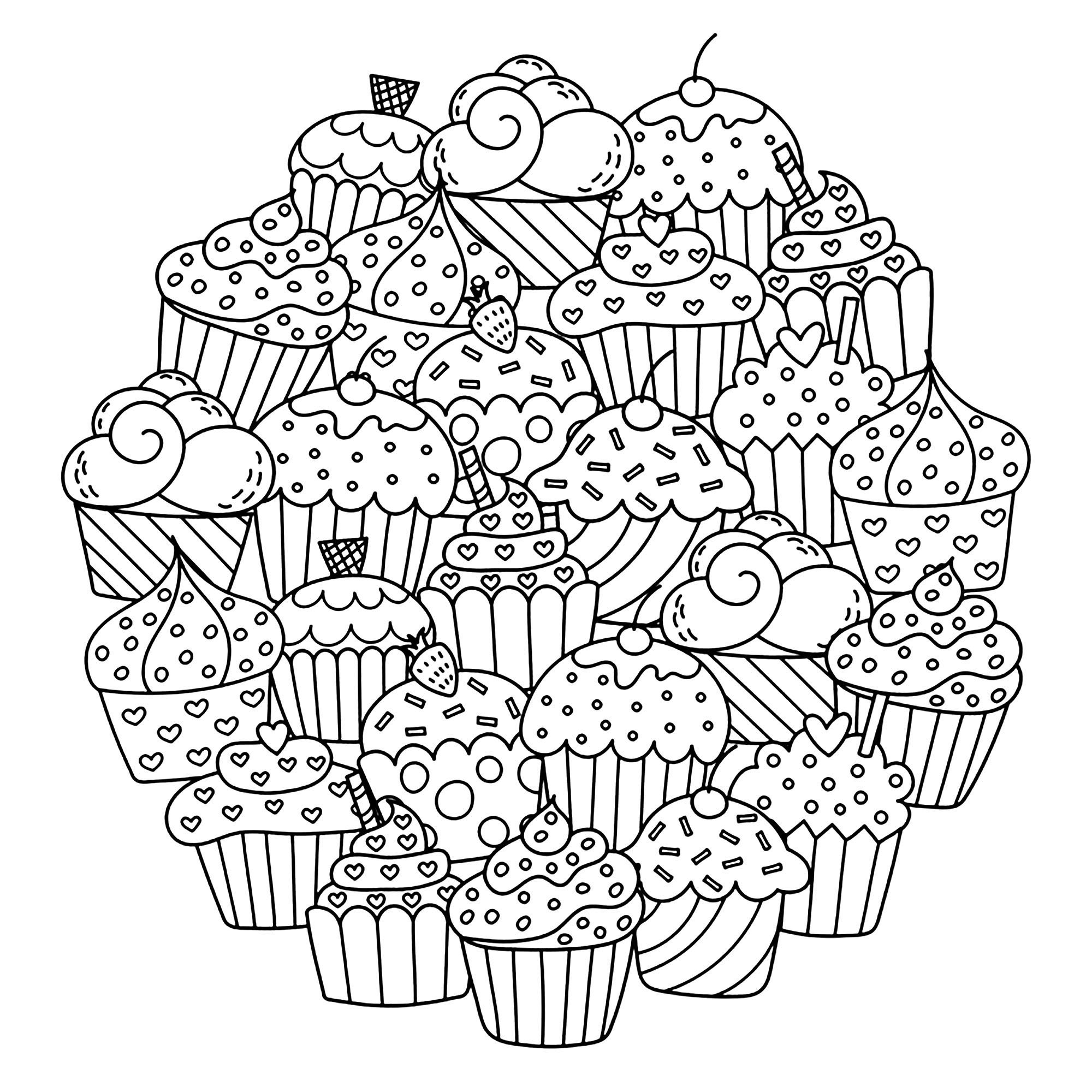 Un grazioso mandala composto da tanti cupcake... Rendeteli deliziosi con i vostri pennarelli, matite o pennelli, Fonte : 123rf   Artista : Gulnara Sabirova