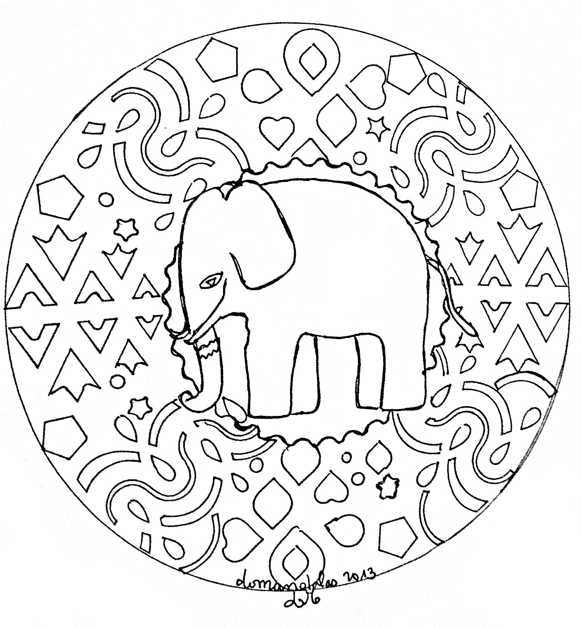 Dettagli relativamente facili da colorare, per un Mandala 'elefante' originale e di alta qualità.