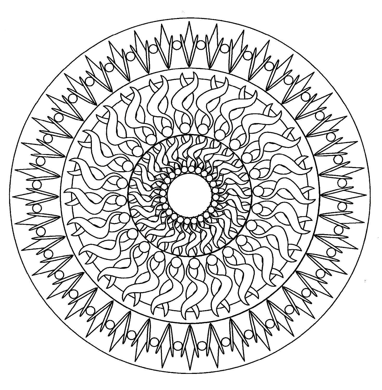 Un mandala ipnotico di difficoltà 'normale', adatto a bambini e adulti che desiderano colorazioni né troppo semplici né troppo difficili.