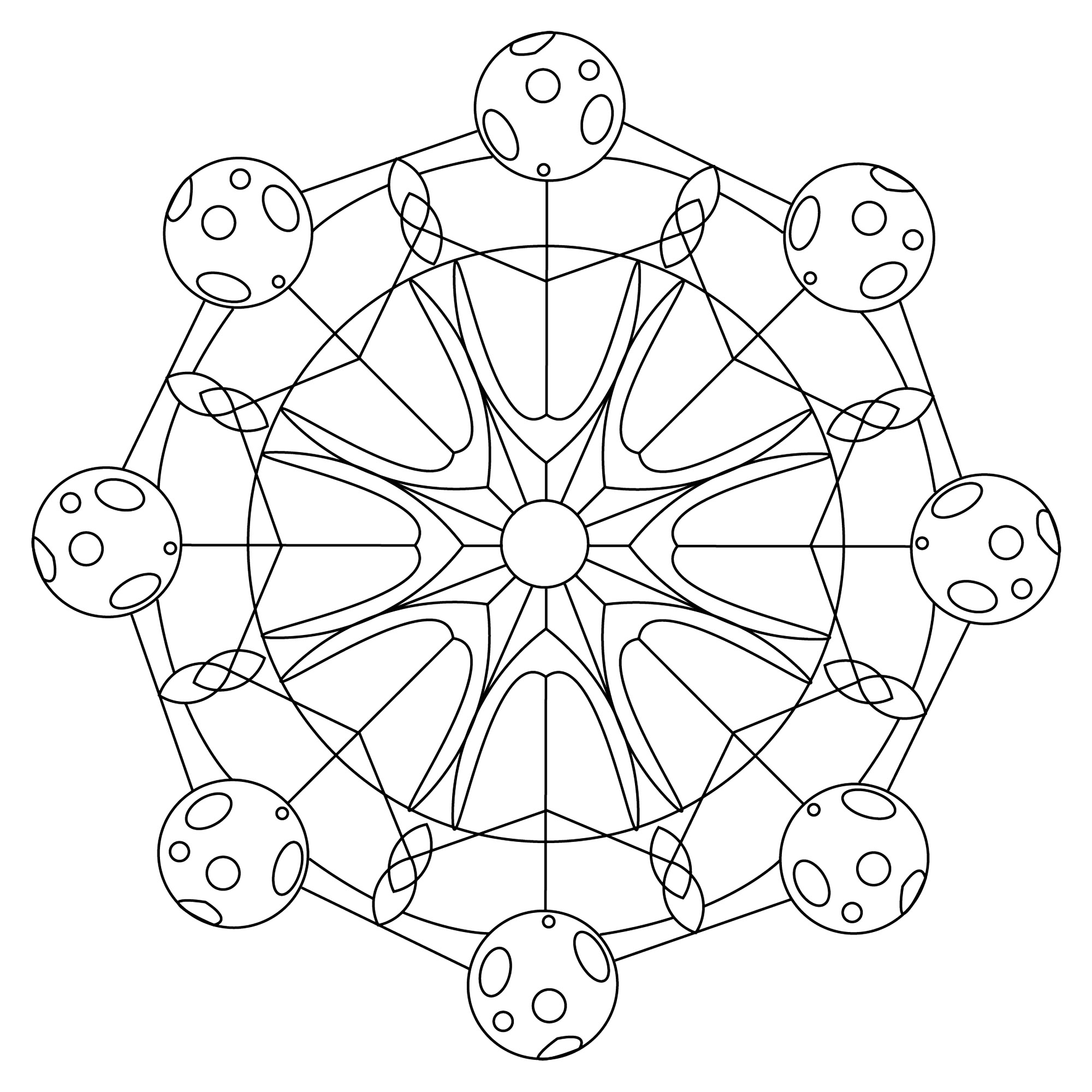 Un grazioso mandala con il simbolo del sole al centro e una rappresentazione della luna alle estremità, Artista : Esteban Un grazioso mandala con il simbolo del sole al centro e una rappresentazione della luna alle estremità, Artista : Esteban