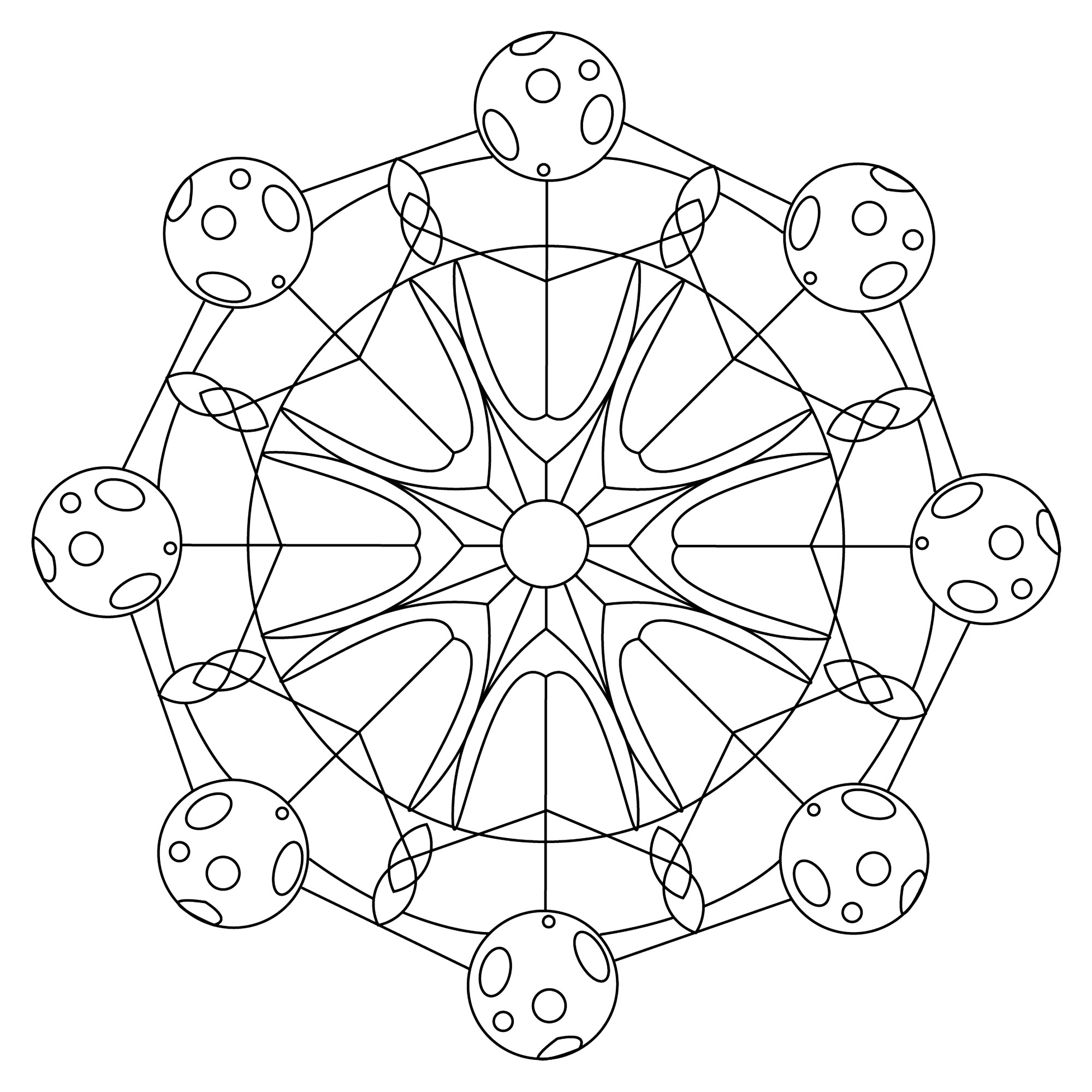 Un grazioso mandala con il simbolo del sole al centro e una rappresentazione della luna alle estremità, Artista : Esteban