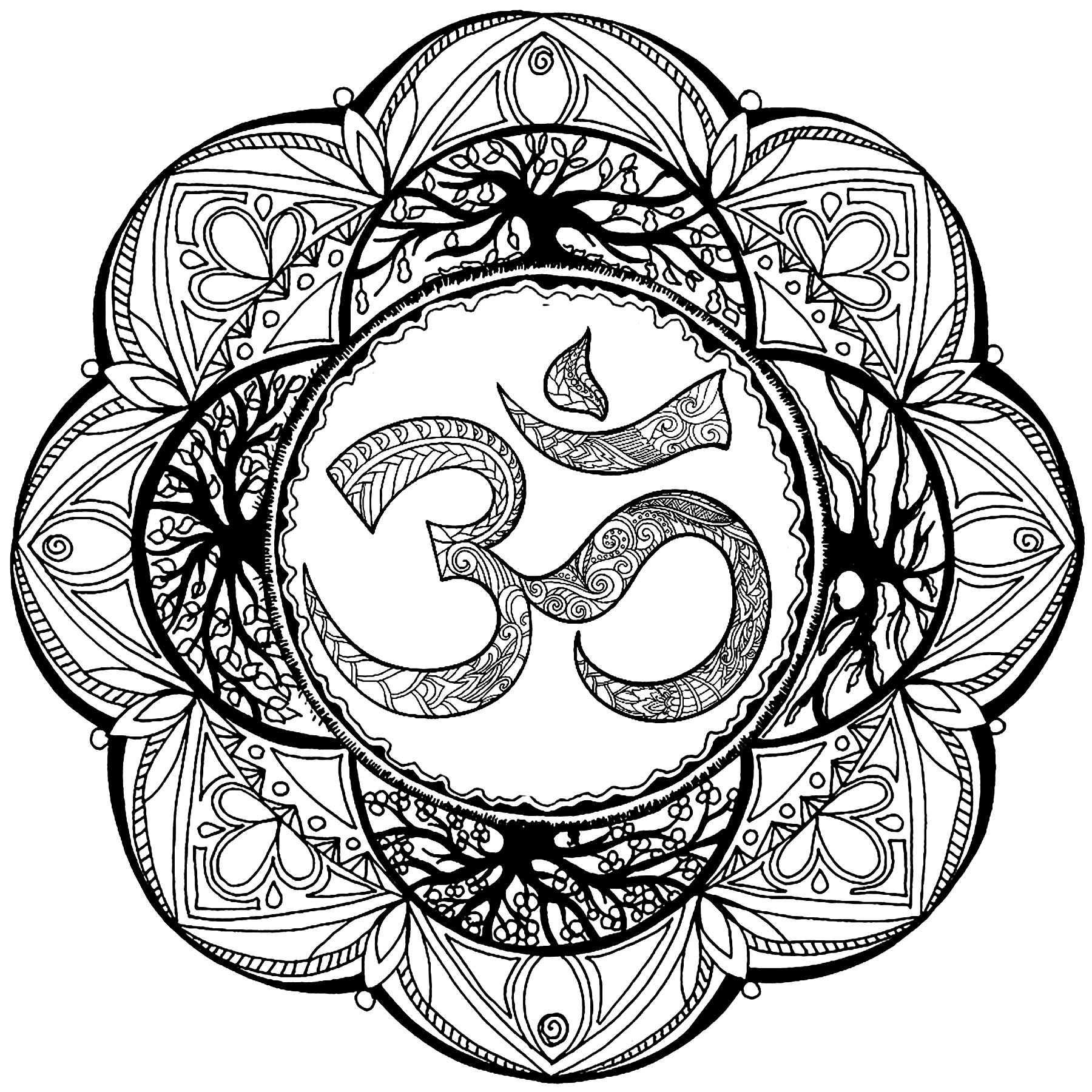 Mandala con molti dettagli e il simbolo Om al centro Mandala con molti dettagli e il simbolo Om al centro